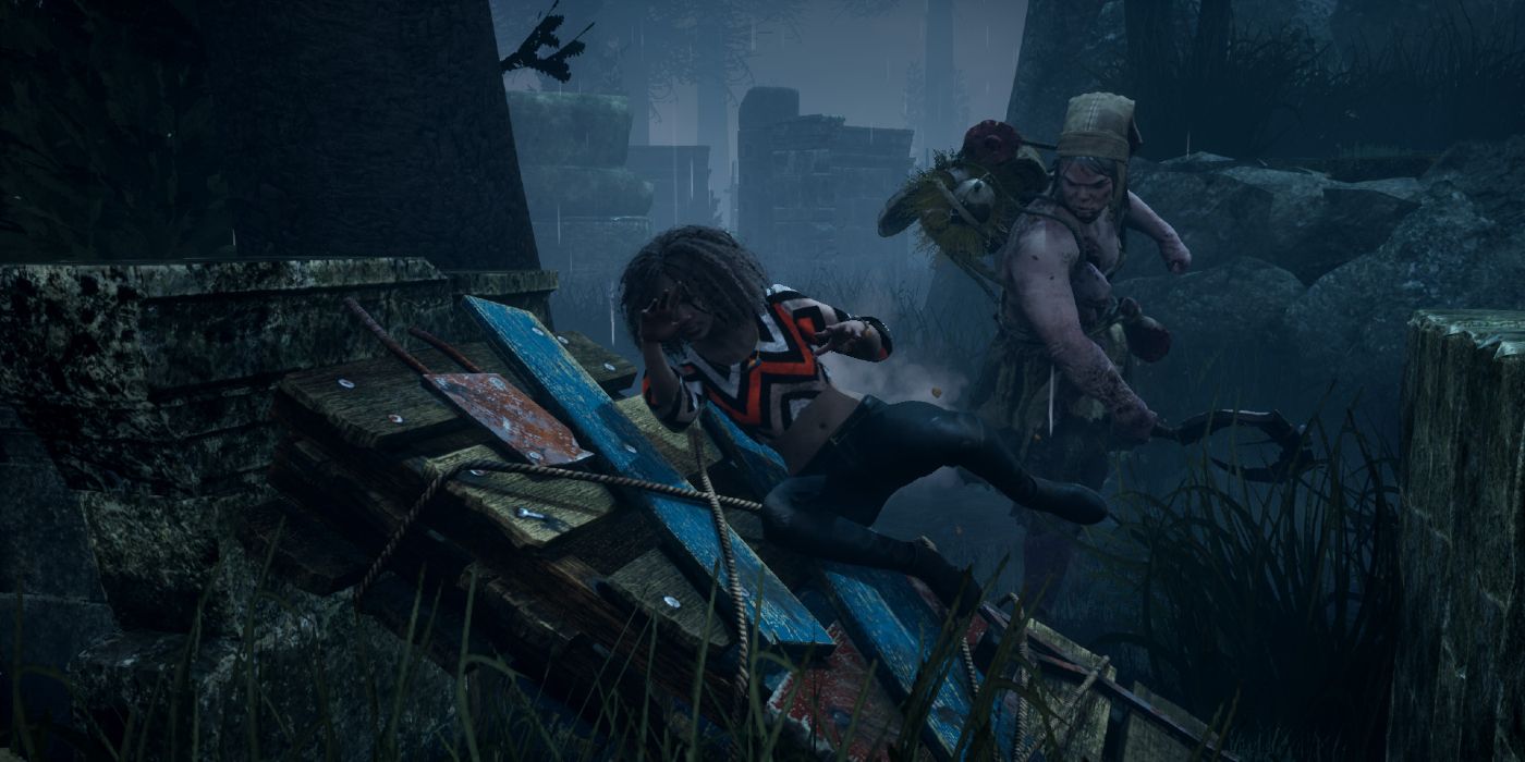 A survivor from Dead by Daylight sliding over a panel to escape a hook-wielding killer.