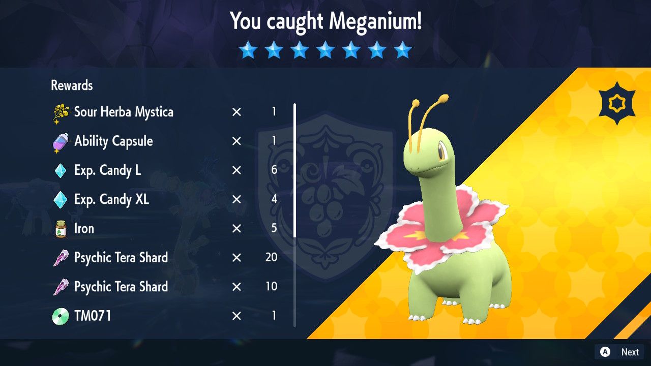 The reward screen for defeating Meganium in Pokemon Scarlet And Violet