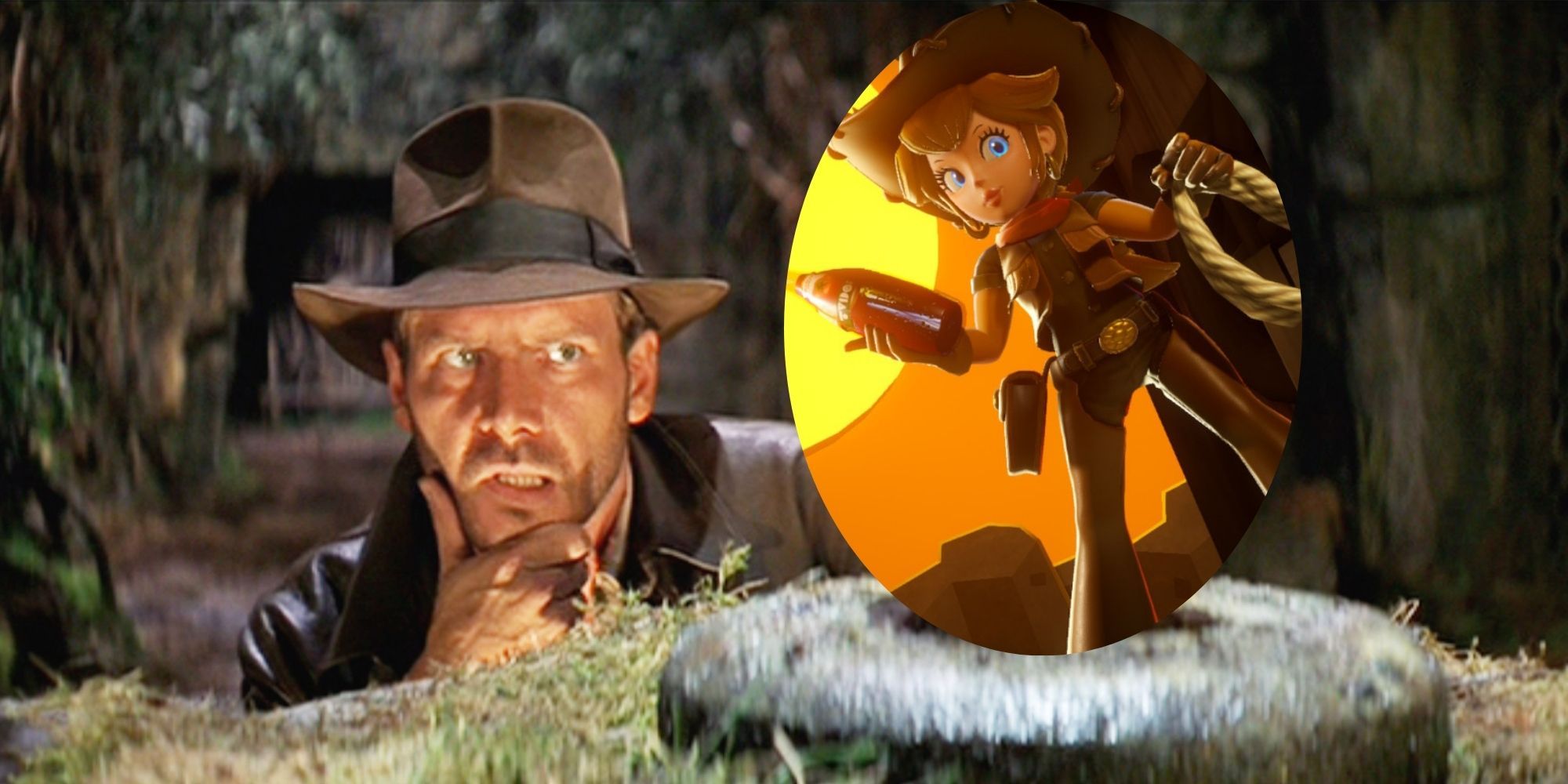 Indiana Jones stealing treasure but it's Princess Peach