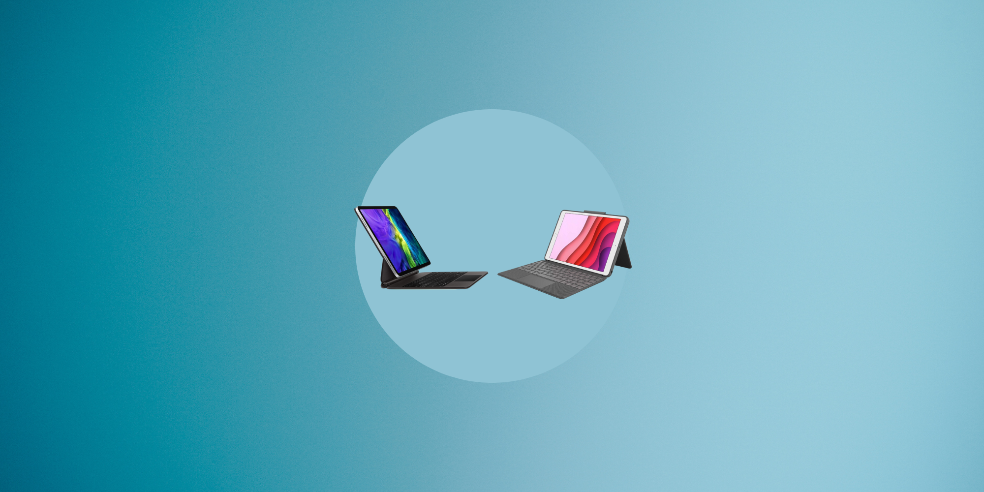 Two iPad keyboards featured against a cyan/turquoise background.