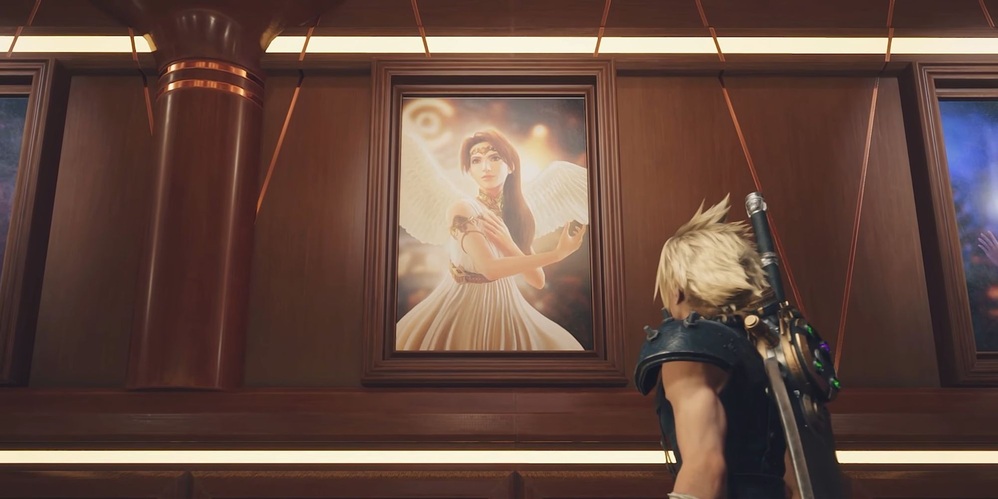 Cloud looking at Jessie's portrait in Final Fantasy 7 Rebirth.