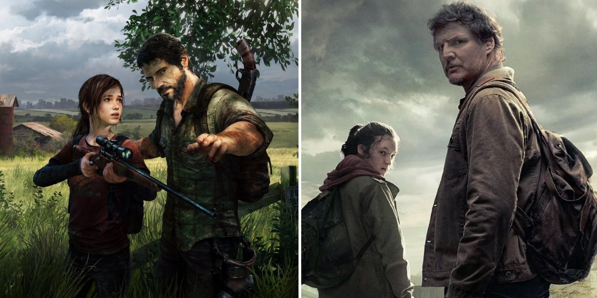 Joel and Ellie in The Last of Us game with Pedro Pascal and Bella Ramsey as Joel and Ellie in The Last of Us HBO series