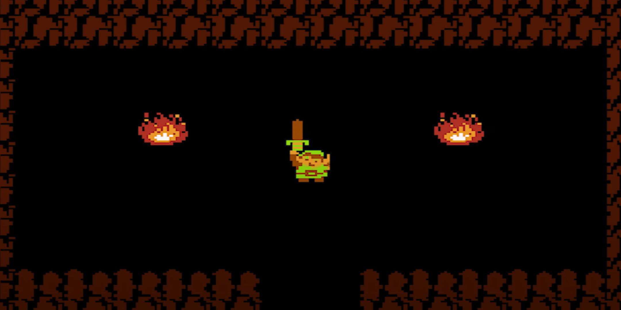 8 bit Link finding the sword in The Legend of Zelda on NES.
