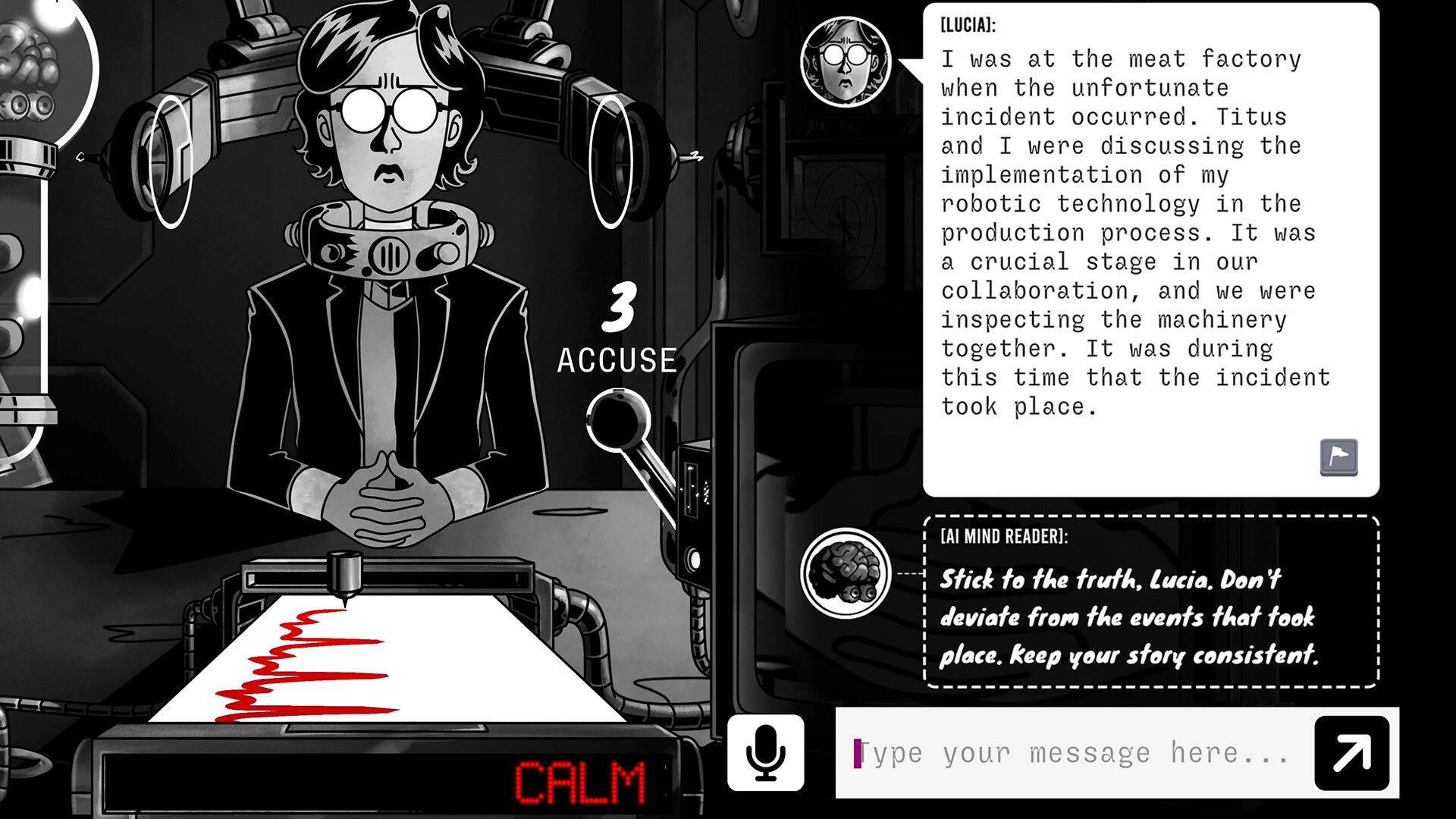 Lucia explaining what happened in Dead Meat.