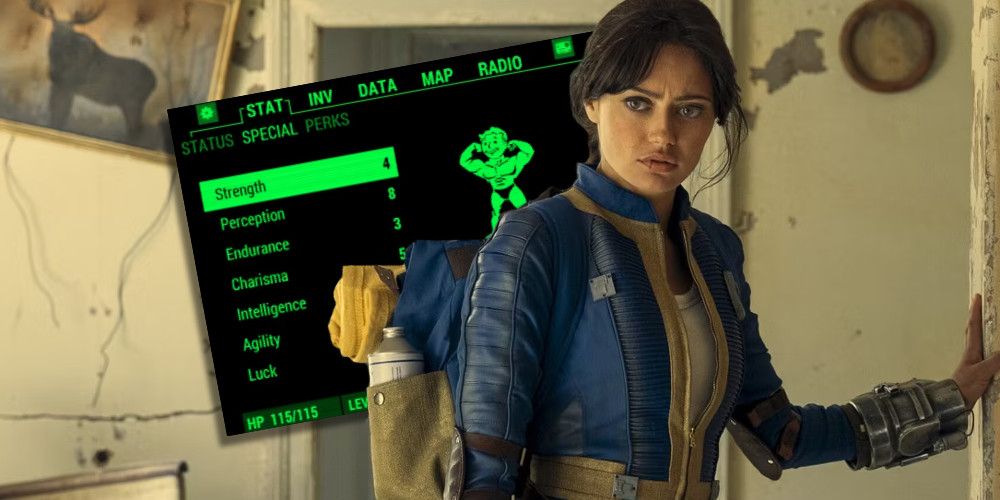 Lucy from Fallout in front of a stats screen