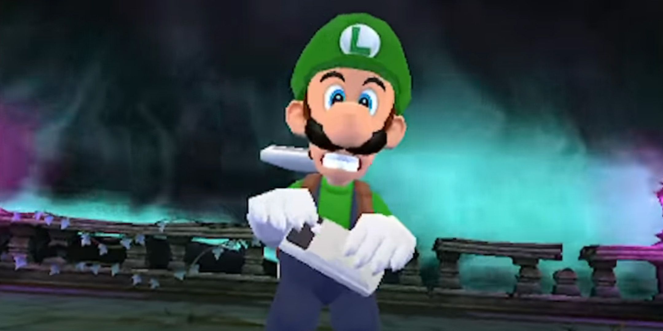 Luigi holding the Game Boy Horror in Luigi's Mansion for 3DS