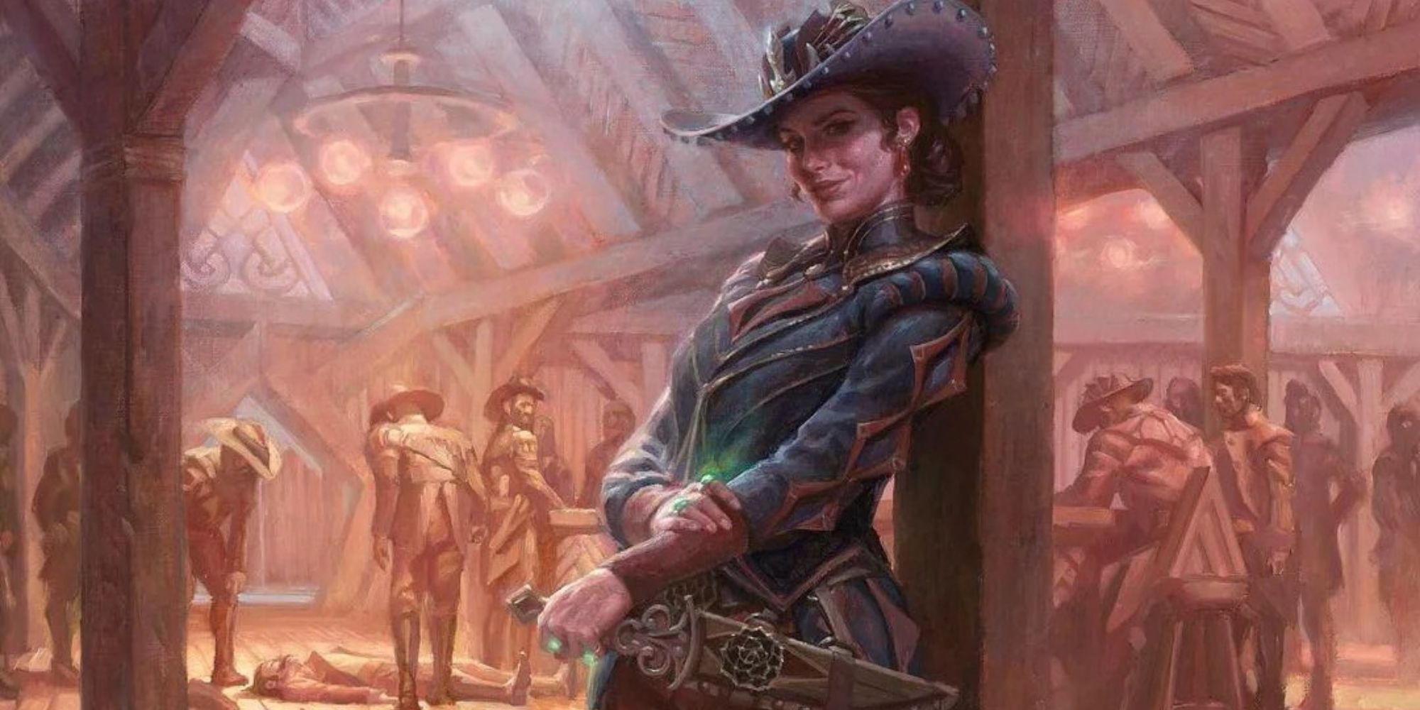 woman outlaw with ornate dagger standing in inn nearby murder scene