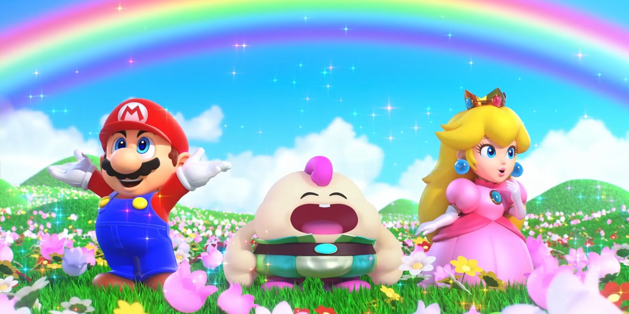 Mario, Mallow, and Princess Peach sat in a field under a rainbow
