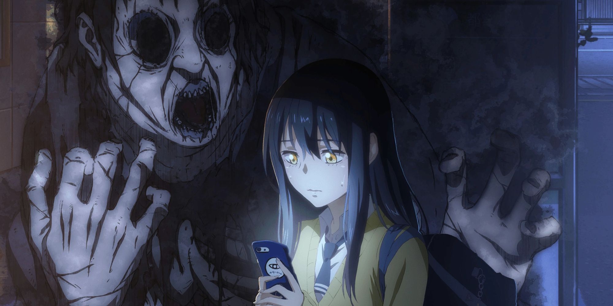 Miko Yotsuya looking at her phone with a ghost looming over her shoulder from Mieruko-chan