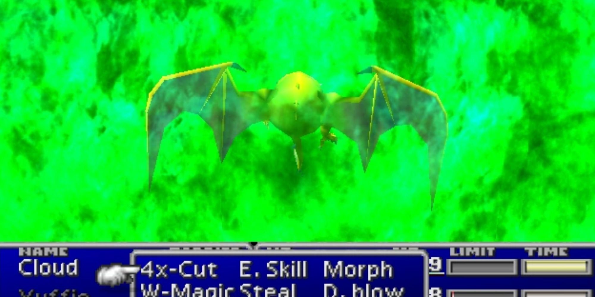 An enemy covered in green flames as the Ultima Materia is used in Final Fantasy 7.