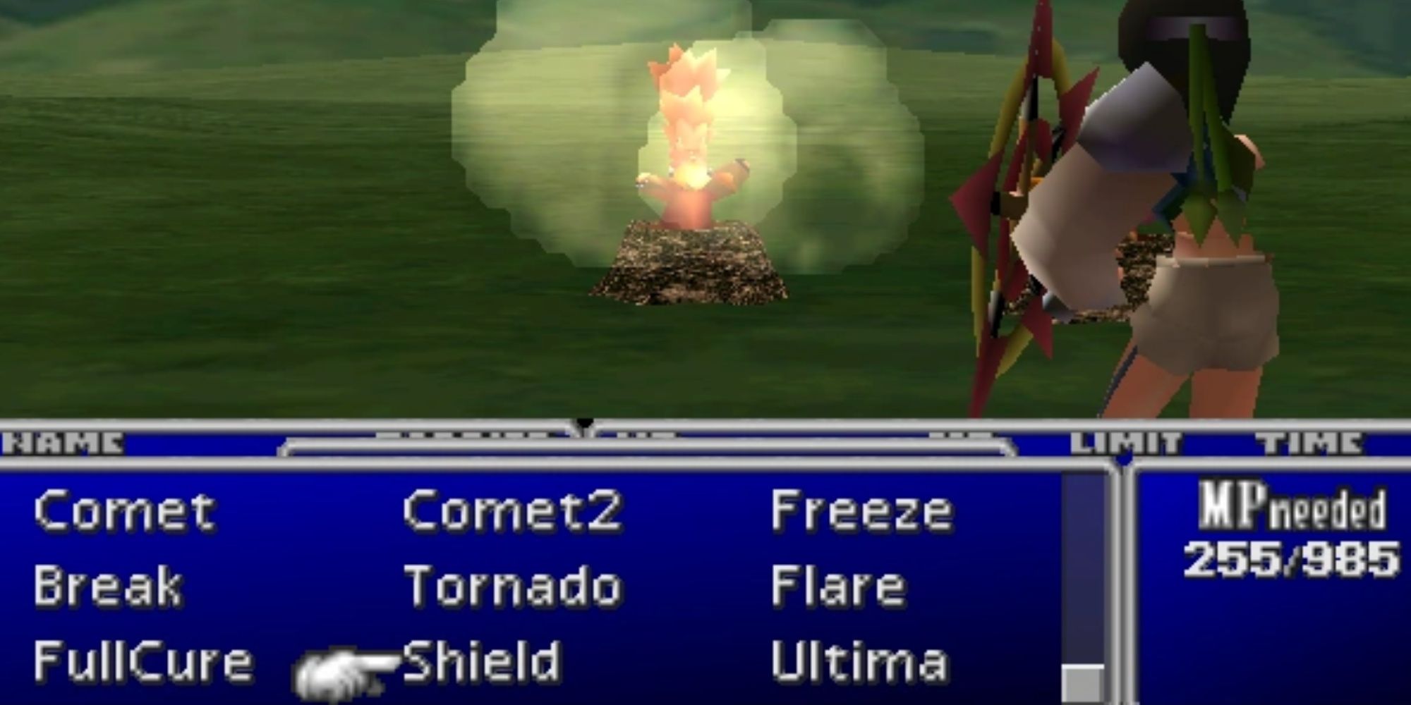 A Final Fantasy 7 battle screen showing the effects of MP Turbo's MP cost on Materia.