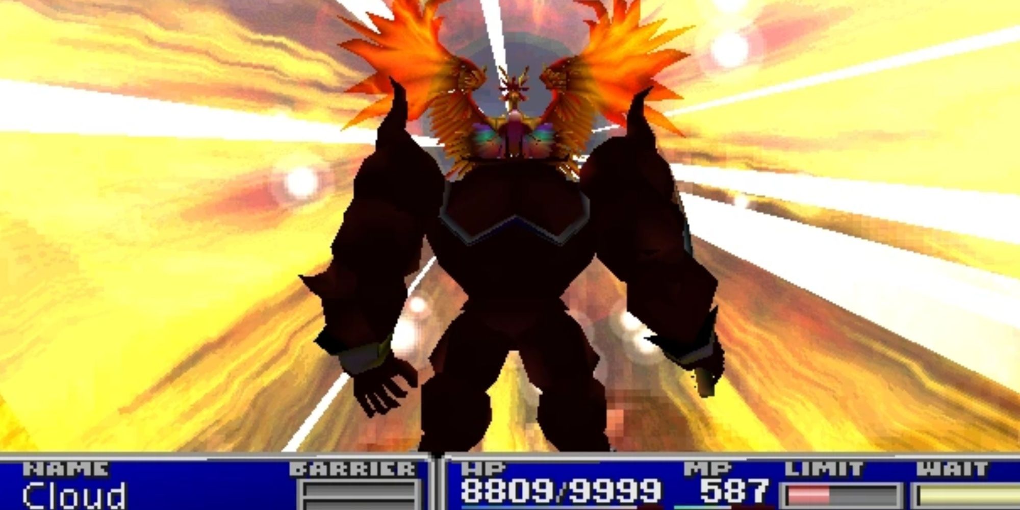 The Phoenix Summon using Phoenix Flame in Final Fantasy 7, spreading flames from its wings.