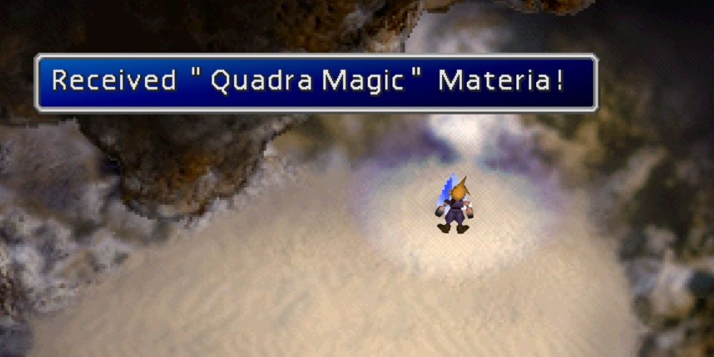 Cloud obtaining the Quadra Magic Materia in Final Fantasy 7 in a sandy cave.