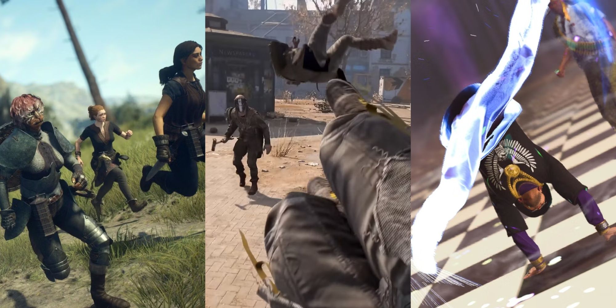 Three-image collage of pawns running into battle in Dragon's Dogma 2, the player kicking an enemy in Dying Light 2, and the Breakdance combat Essence used in Infinite Wealth.