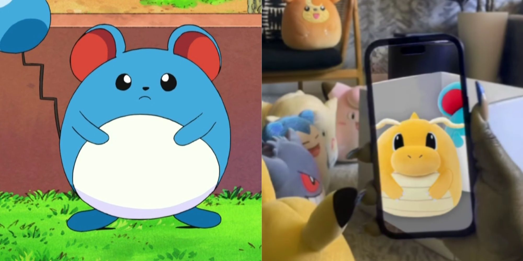 marill in the pokemon anime, and a dragonite squishmallow on a phone screen