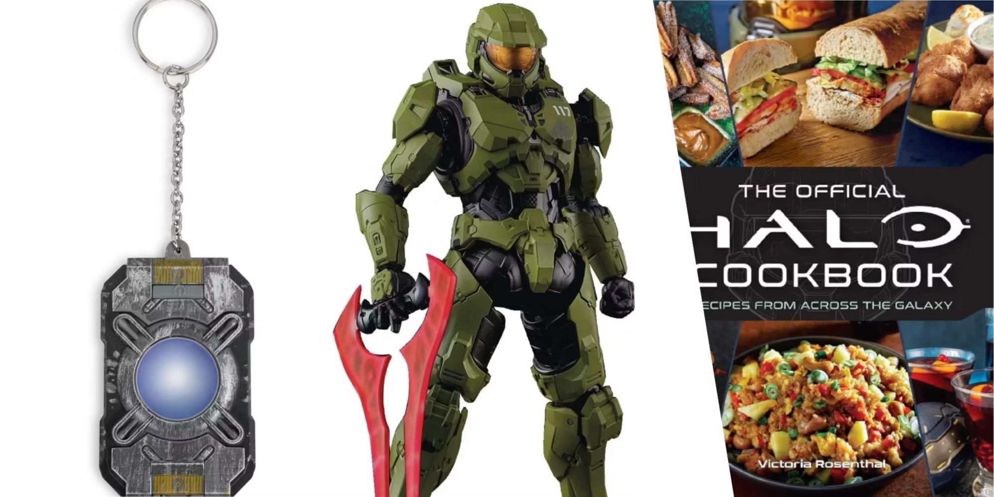 Halo Merch side by side featuring a Cortana Chip Replica, master chief figure and Halo cookbook