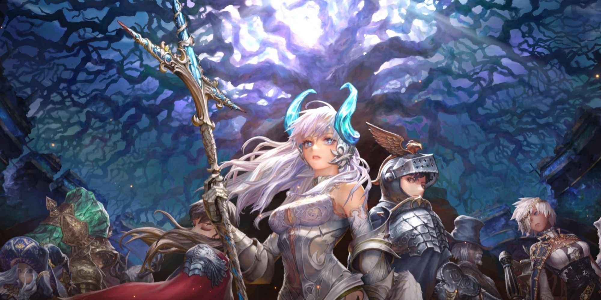The home screen for Astra: Knights of Veda featuring Veda in the middle surrounded by her Knights.