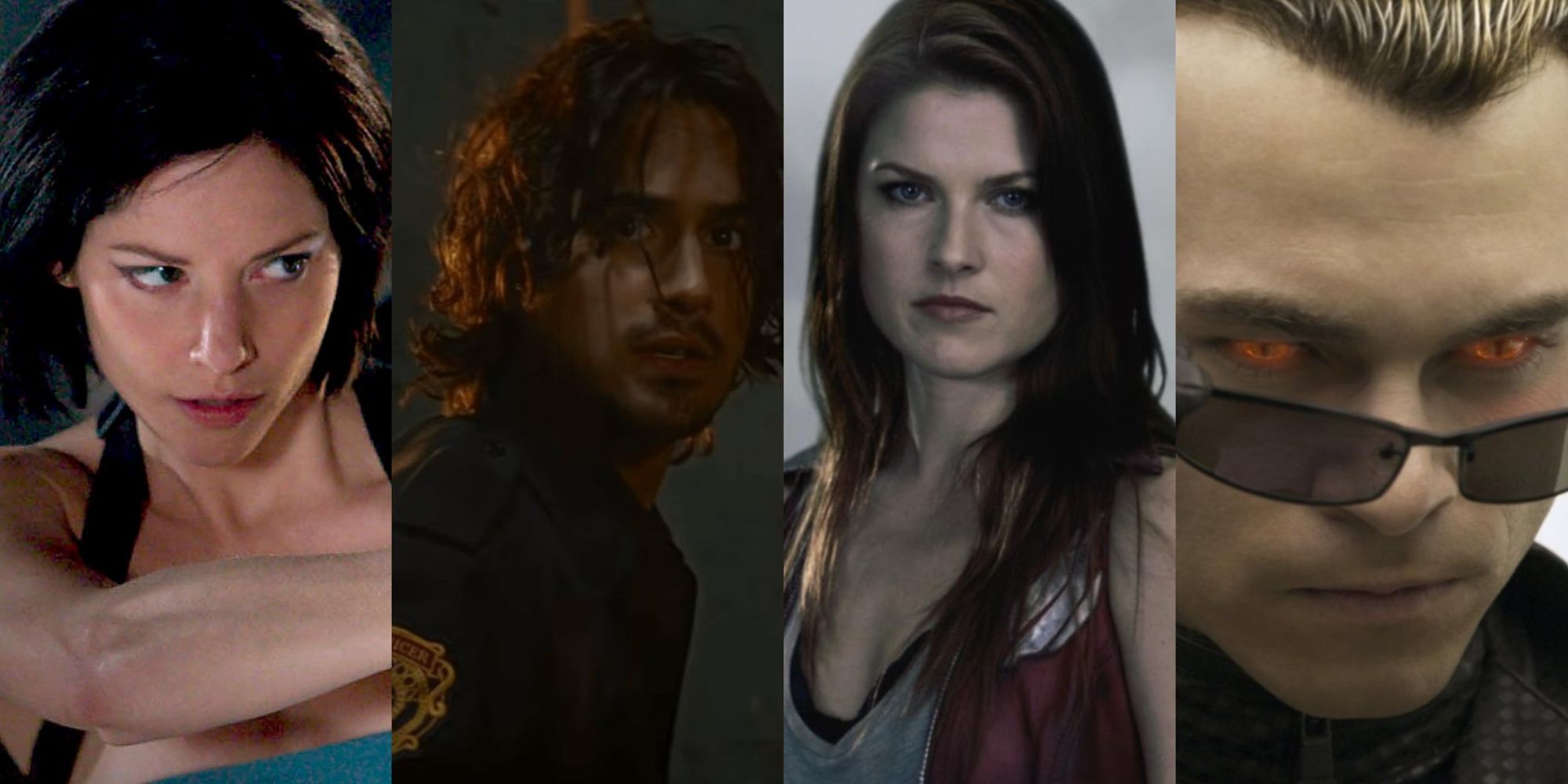 Four-image collage of Jill Valentine in Resident Evil: Apocalypse, Leon Kennedy in Resident Evil: Welcome To Raccoon City, Claire Redfield in Resident Evil: Afterlife, and Albert Wesker in Resident Evil: Afterlife.