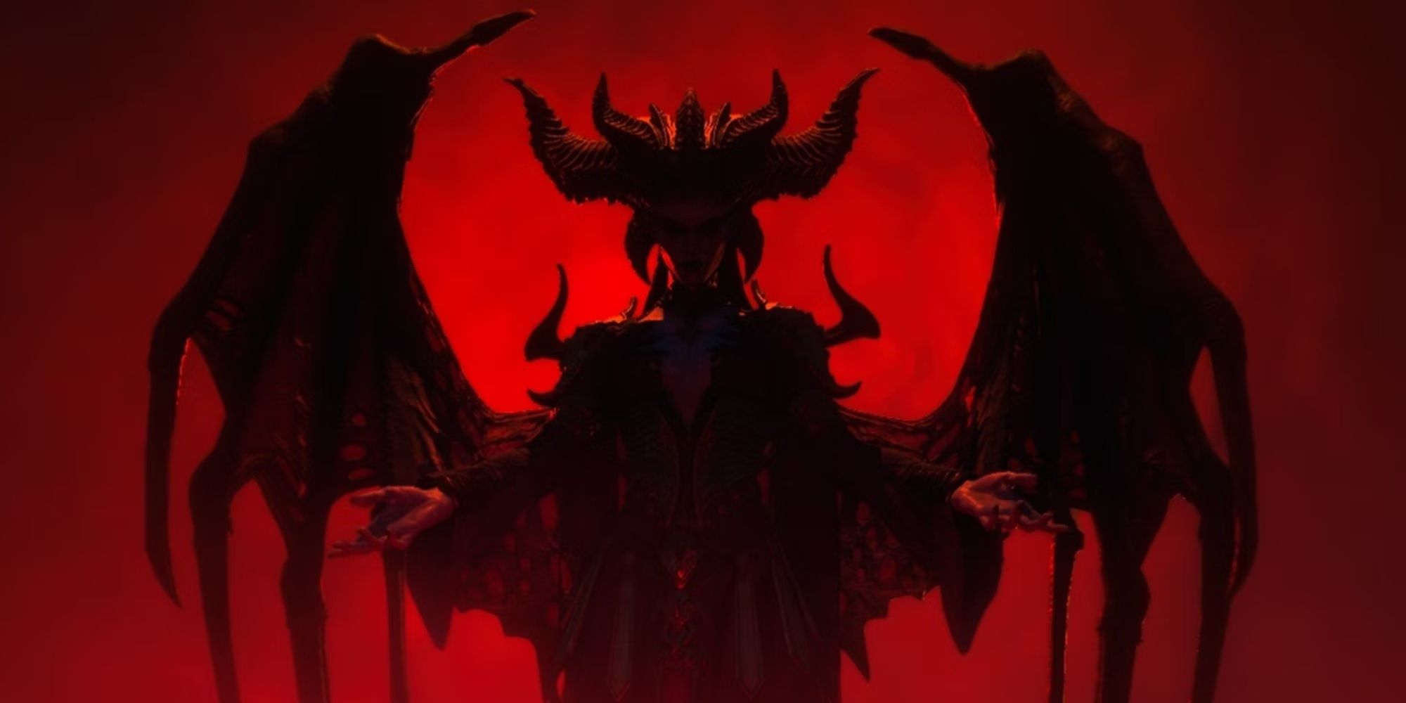  Lilith from Diablo 4, silhouetted against a blood red background.
