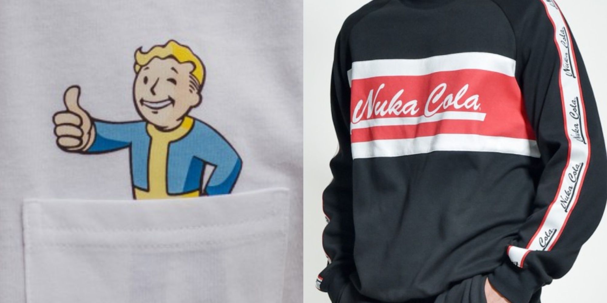 fallout's vault boy in a shirt pocket, and a nuka cola fallout sweater from insert coin
