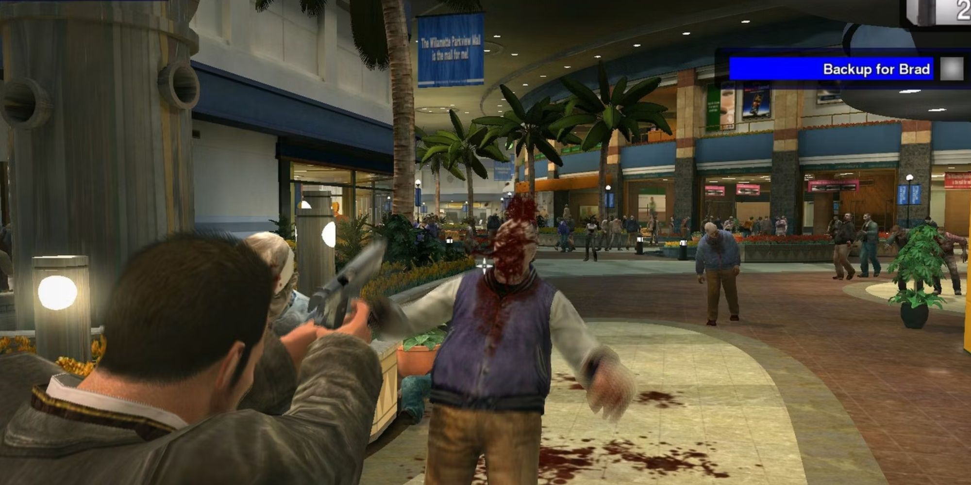 Dead Rising: Frank Performing Headshot On Zombie In a Zombie filled mall