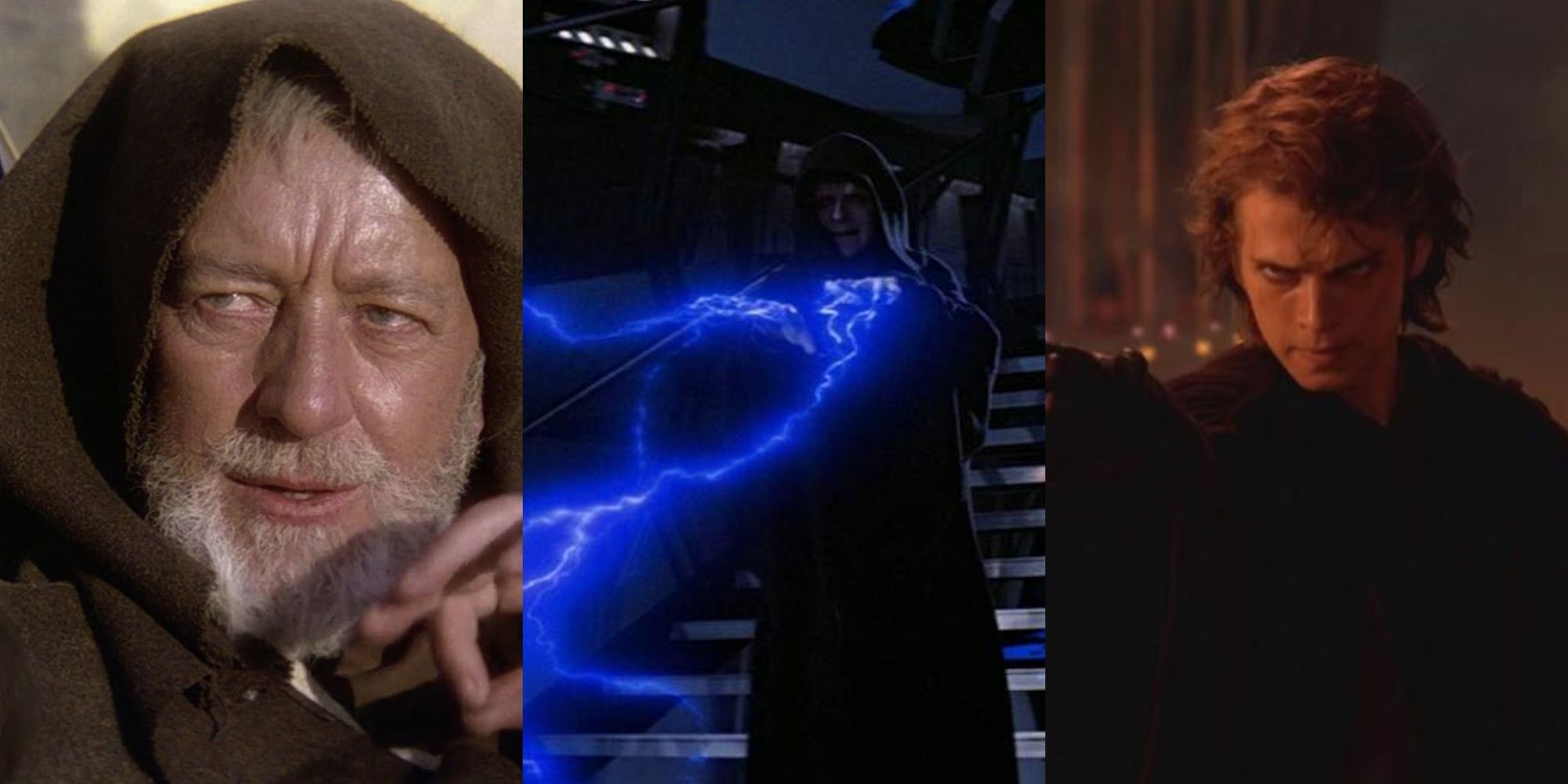 Jedi Mind trick, Force Lightning, and Force Choke being used by Obi Wan Kenobi, Palpatine, and Anakin Skywalker respectively.