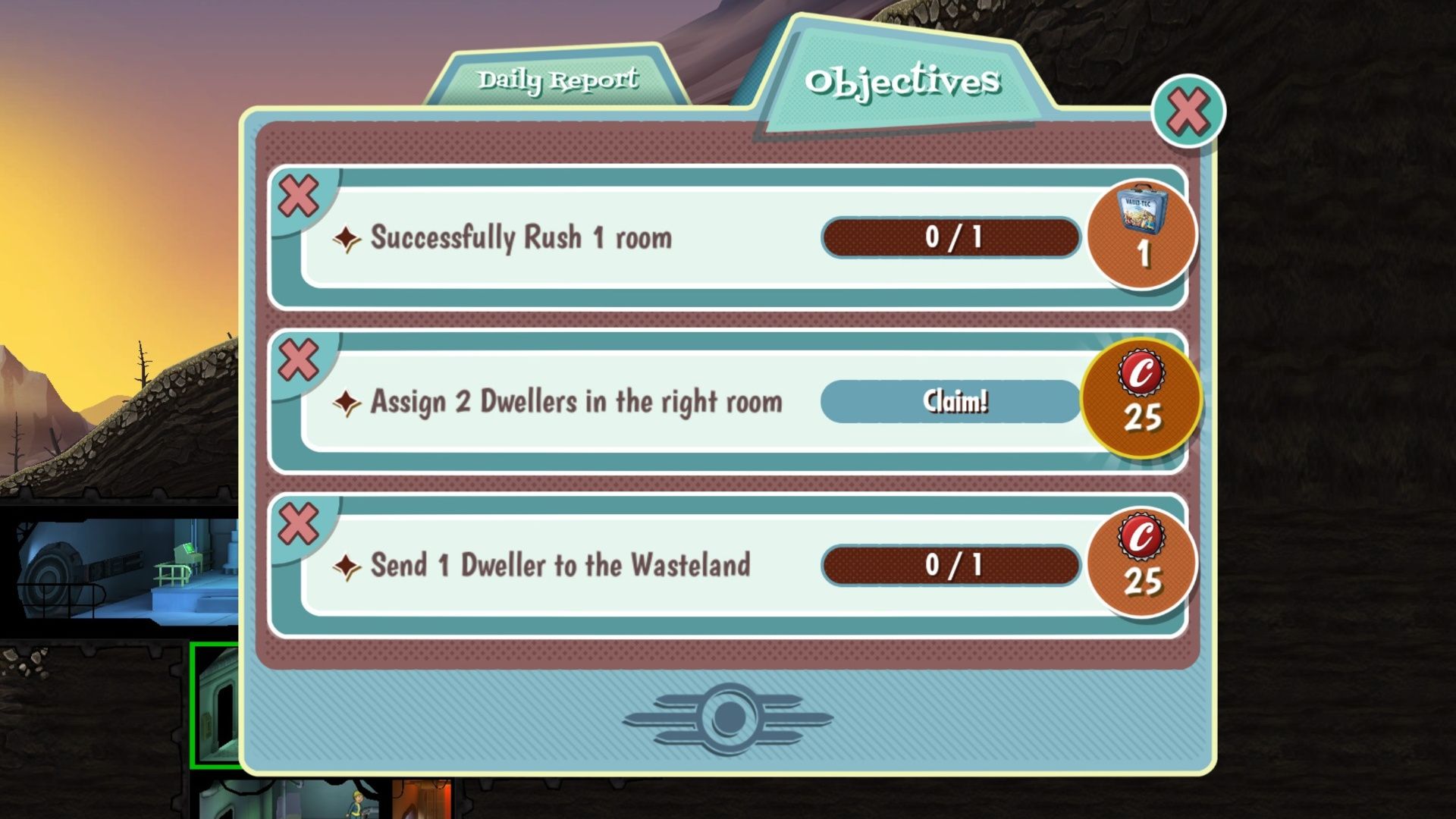 Three daily objectives, with one completed and two more needing to be completed in Fallout Shelter.