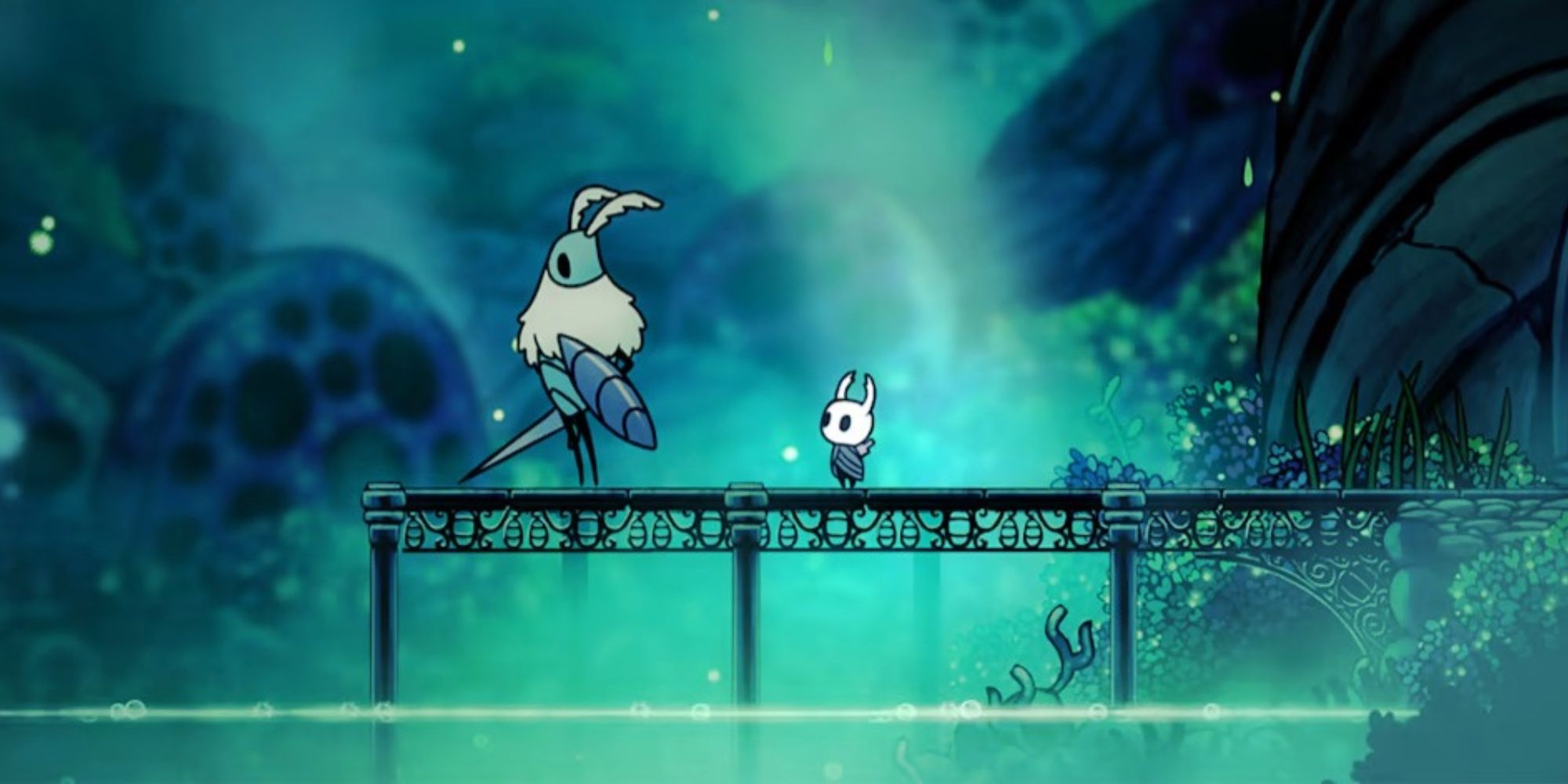 hollow knight standing with someone on a pier