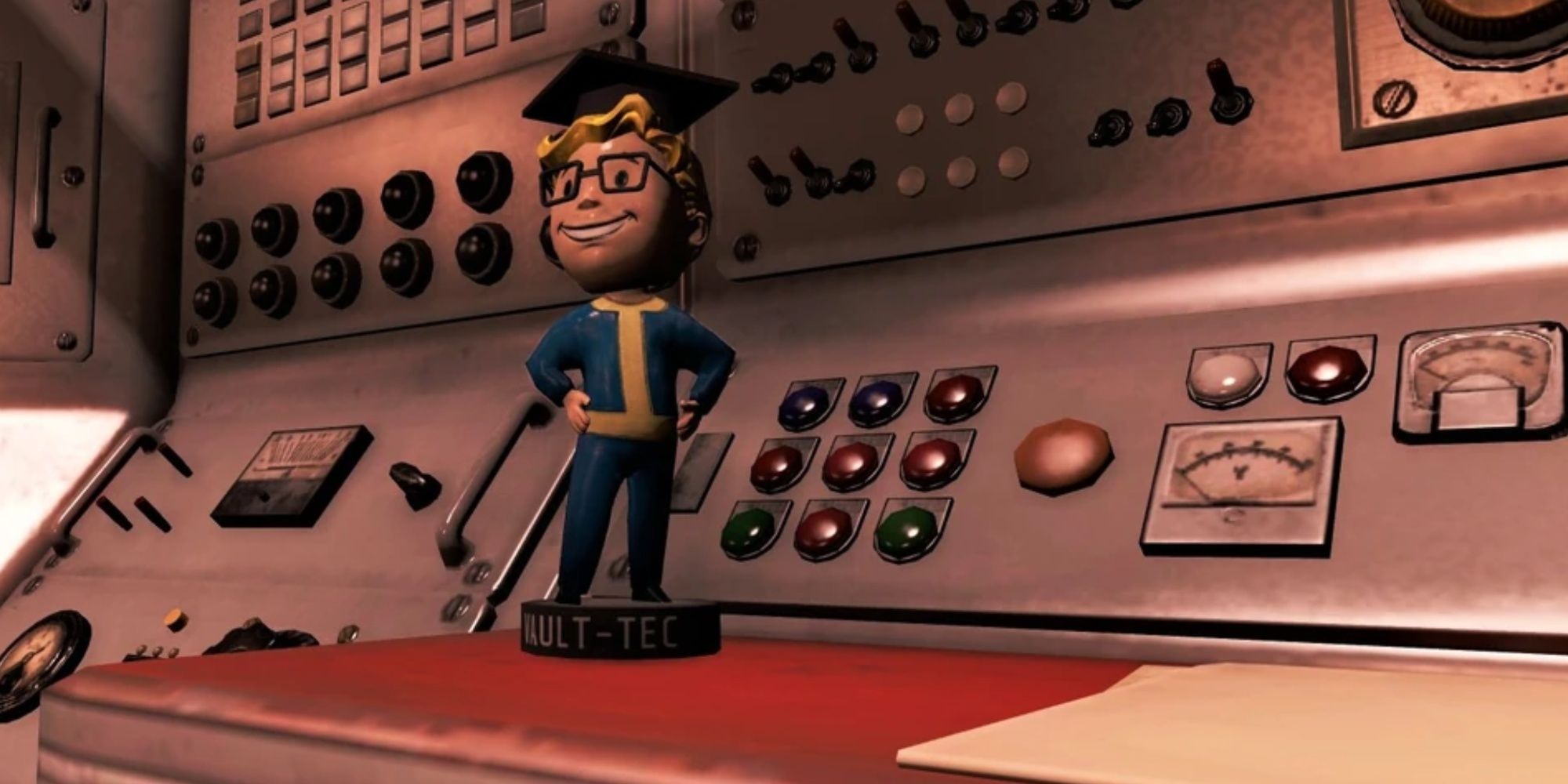 The Intelligence Bobblehead in Fallout 4, a Vault-Boy mascot with a graduation cap. It's sitting on a control panel.