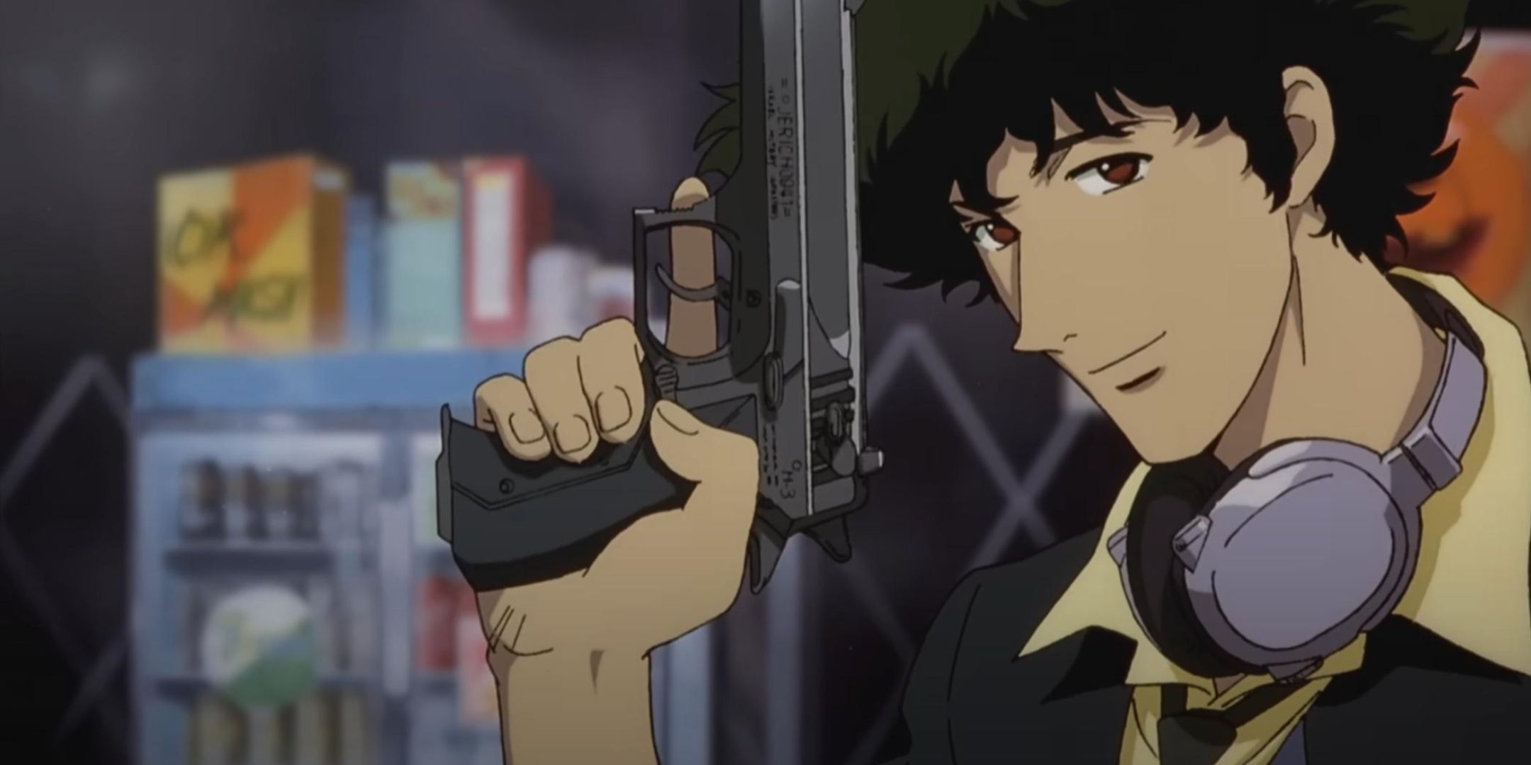 Spike Spiegel from Cowboy Bebop posing with a gun