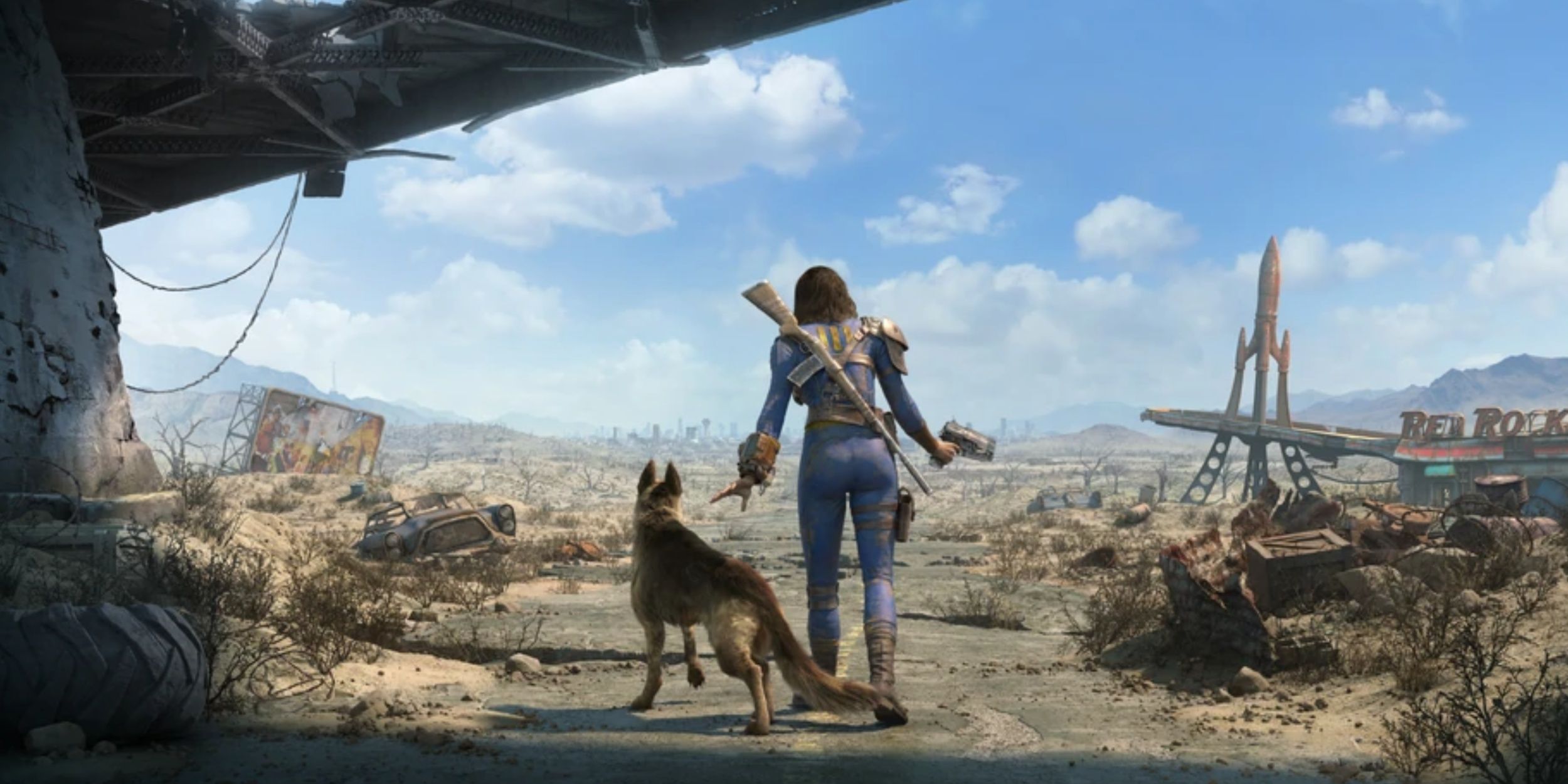 Official art for Fallout 4, the female Sole Survivor and her dog venture out into the wasteland, armed for exploration.