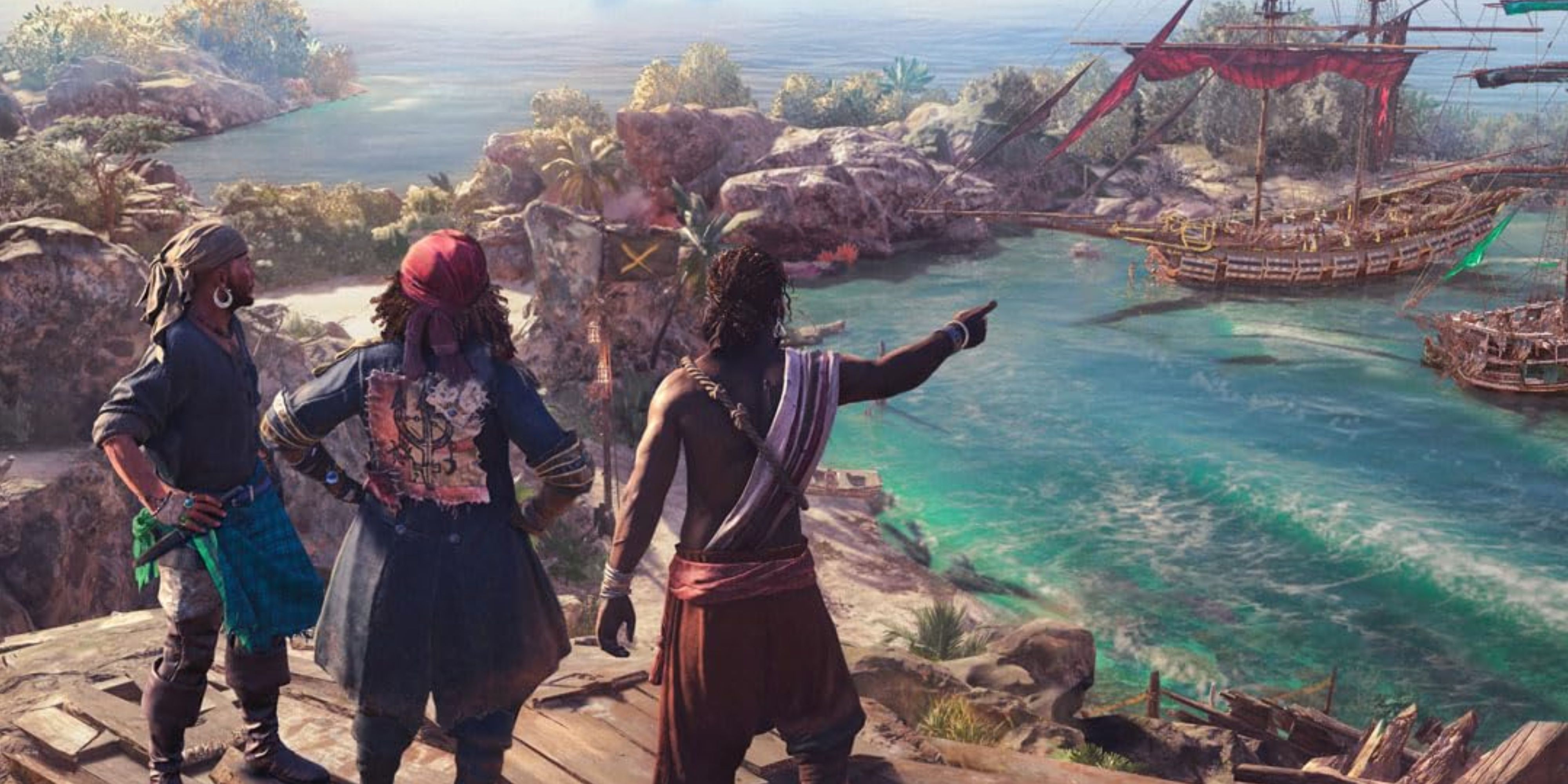 skull and bones pirates pointing at a ship