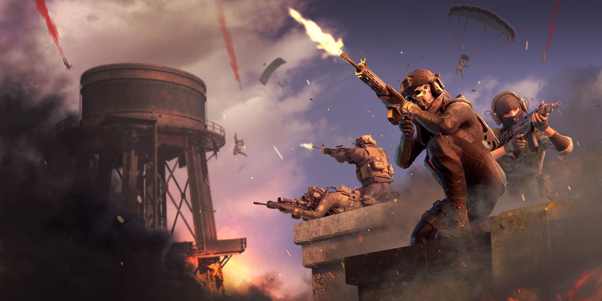 Modern Warfare 3 Warzone Key Art Players Fighting Atop Burning Building