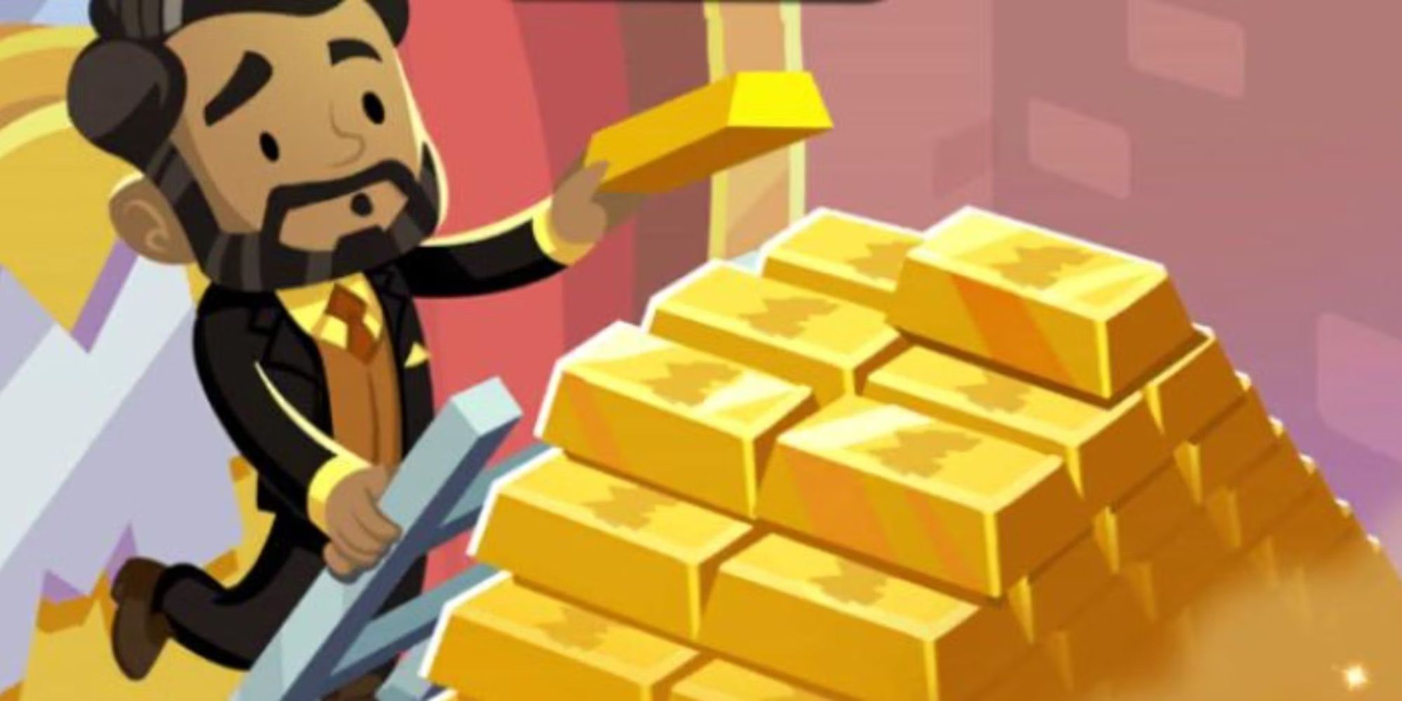 A character organizing gold bars in Monopoly Go.