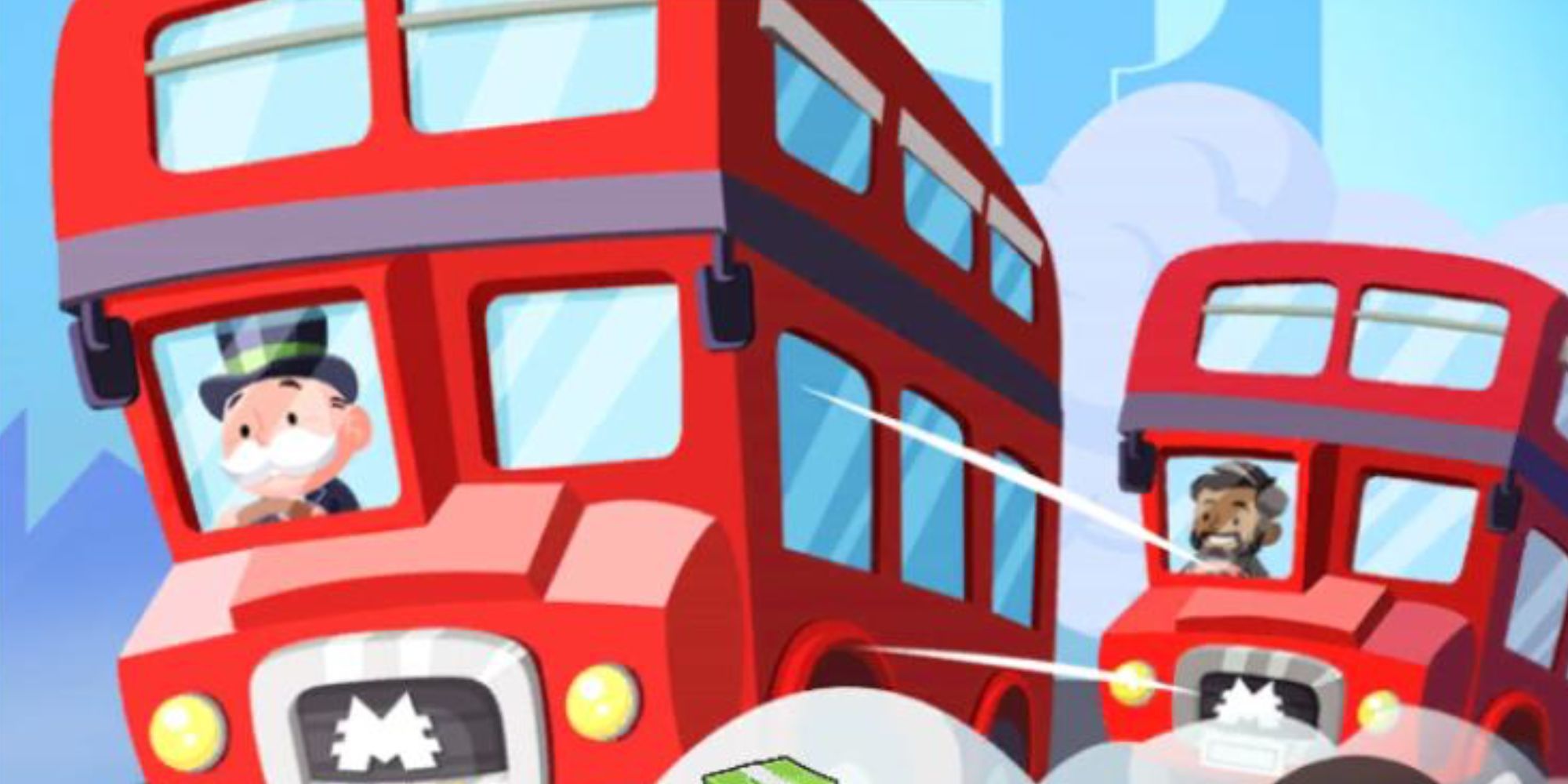 Ms. Monopoly drives a double-decker bus, followed closely by another bus in Monopoly Go.
