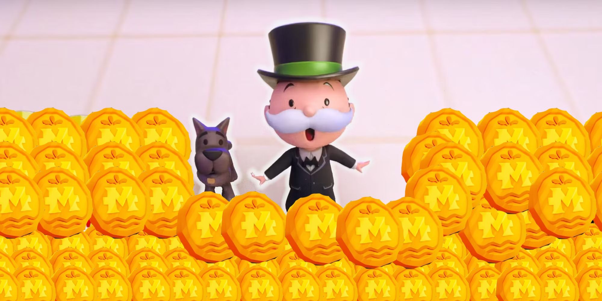 Monopoly Go, Mr. Monopoly and his dog surrounded by Coin Tokens