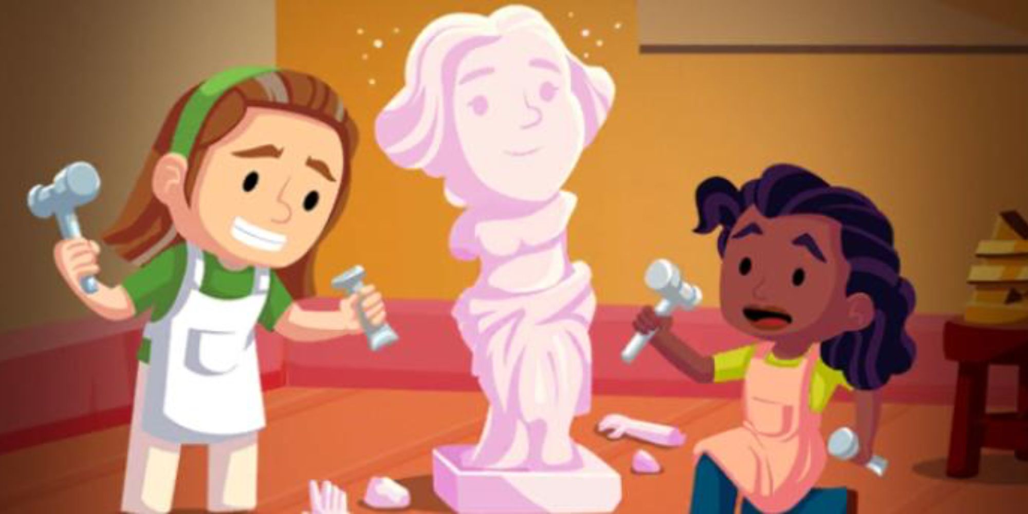 Ms. Monopoly and her friend constructing a statue together in Monopoly Go.