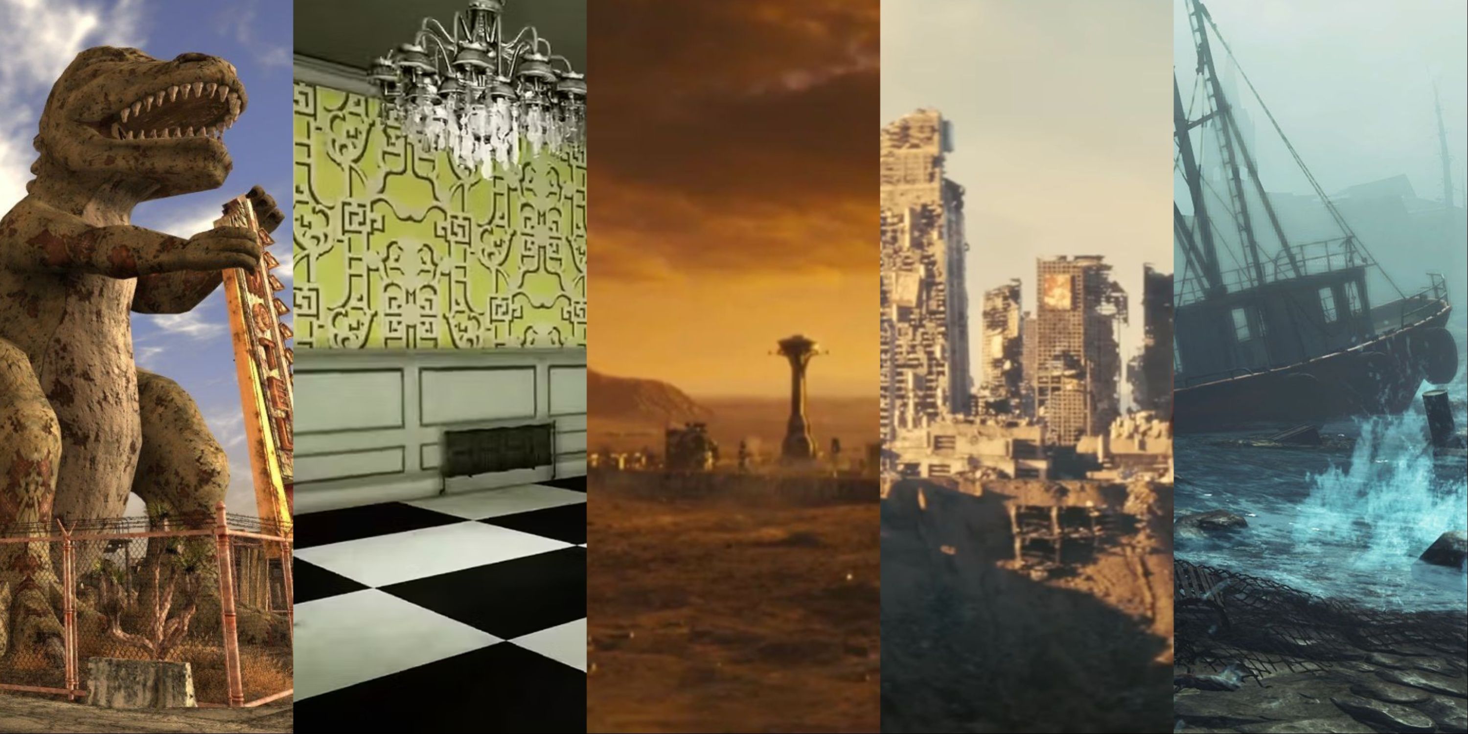 Most Iconic Locations From The Fallout Series Feature Image - Novac, Thw whitespring Resort, New Vegas Strip, Shady Sands, And Far Harbor