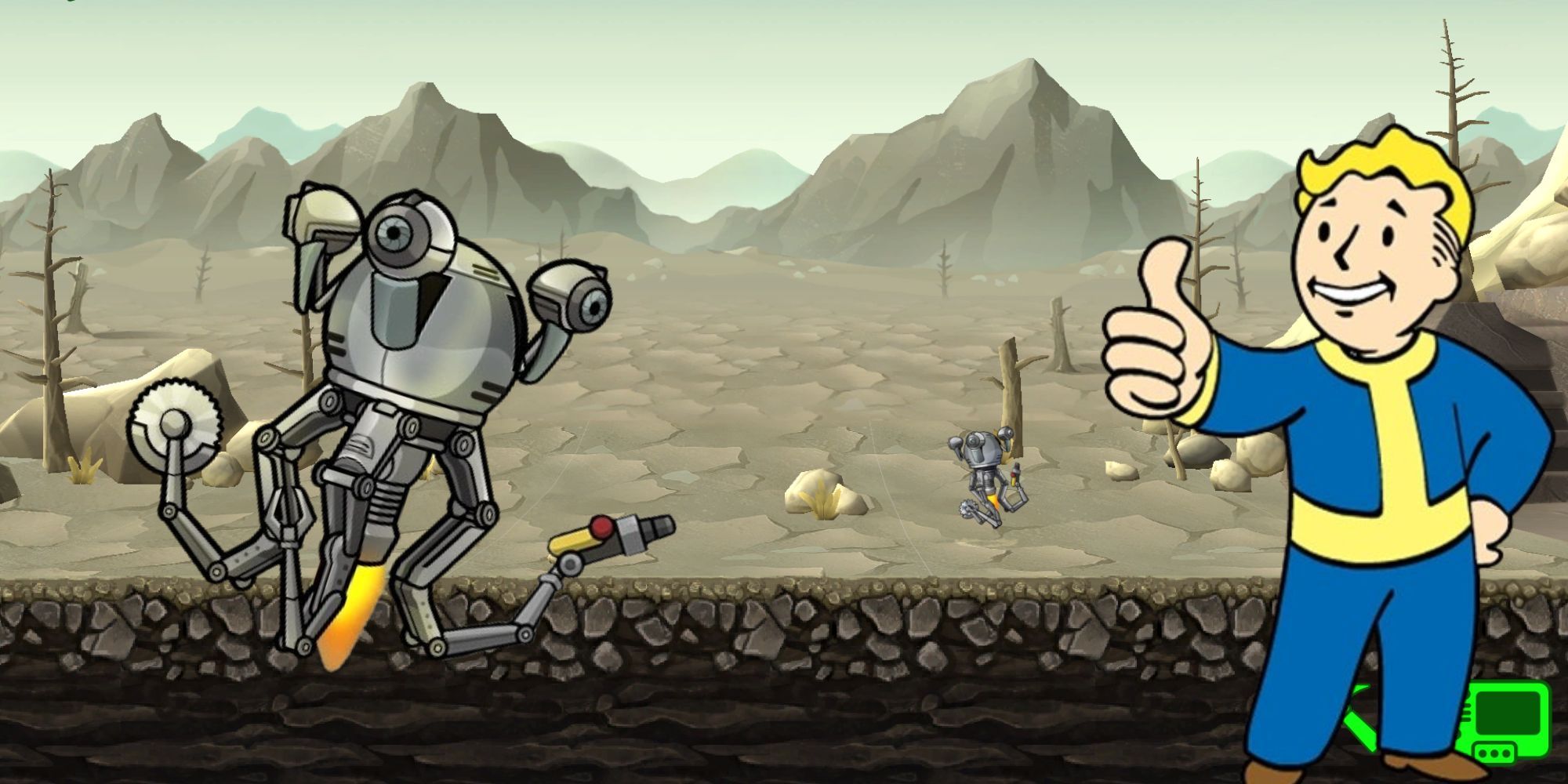 A Mr. Handy making their way into the Wasteland, with another Mr. Handy on the left and a Vault Boy on the right in Fallout Shelter.