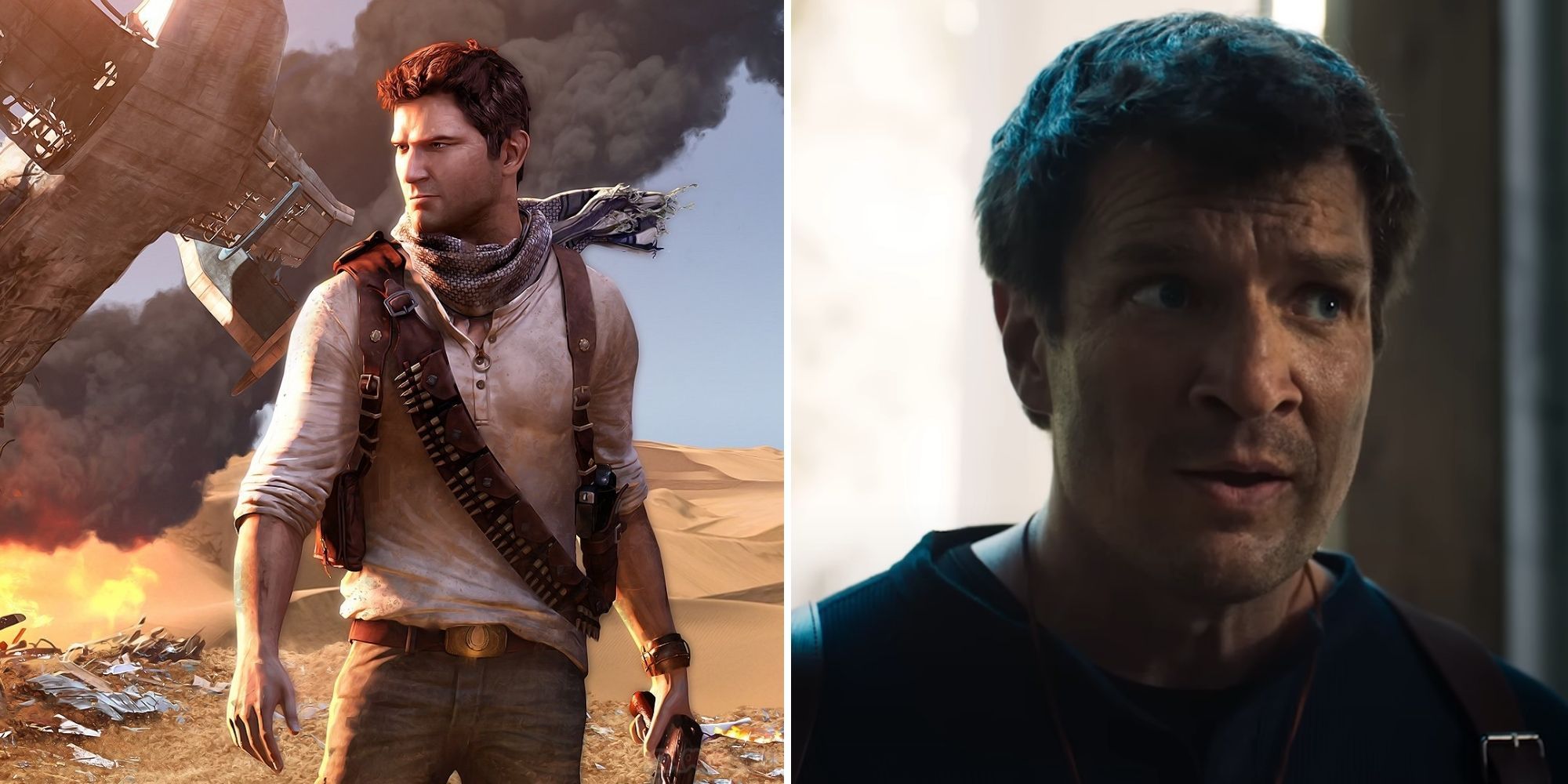 Nathan Drake in Uncharted 3 and Nathan Fillion as Nathan Drake in Uncharted Fan Film