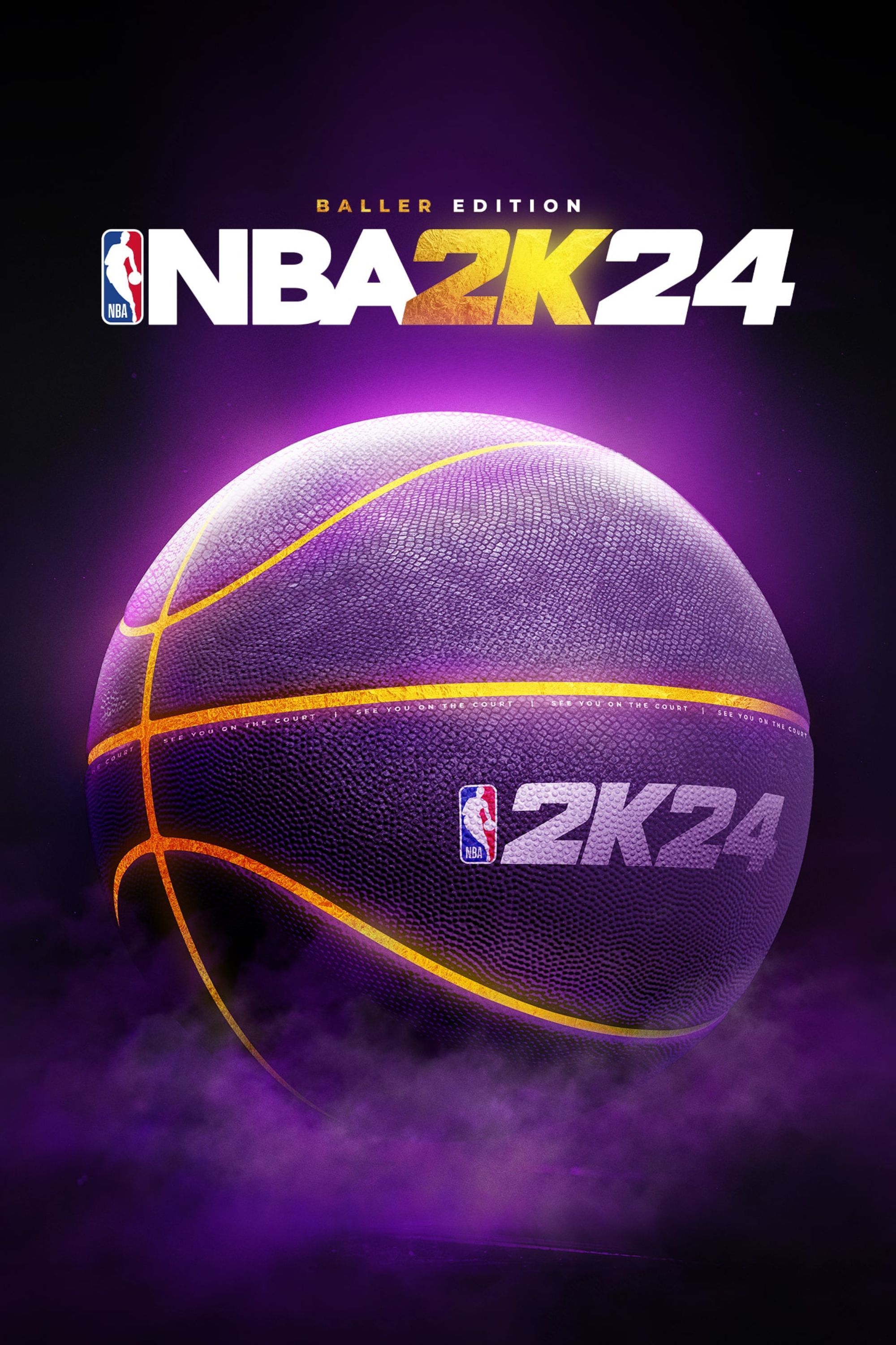 NBA 2K24 Baller Edition Cover With NBA 2K24 logo and a purple ball underneath