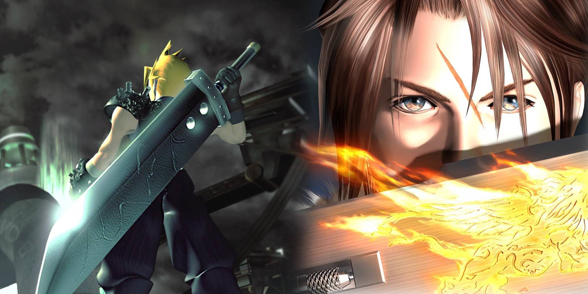 cloud with the buster sword on his back in finak fantasy 7, and the cover art for final fantasy 8
