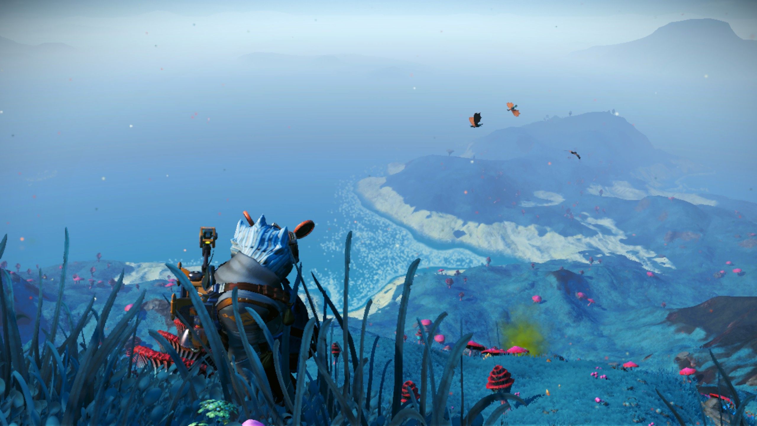 A Traveler on a Lush Rainy Planet in No Man's Sky.