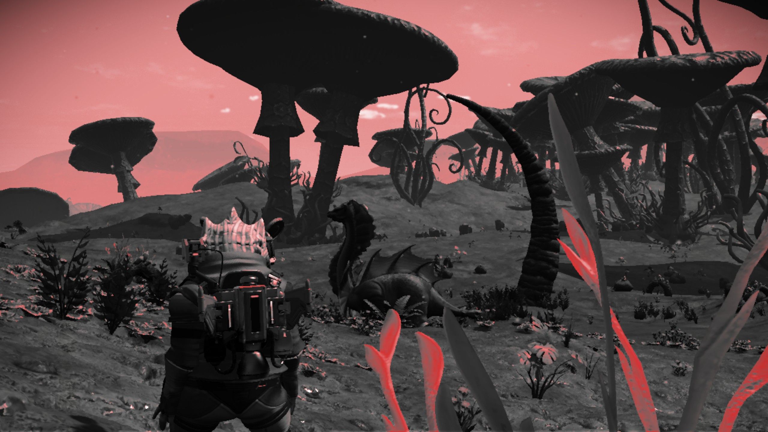 A Traveler on a Mega Exotic Stellar Corruption Detected Planet in No Man's Sky.