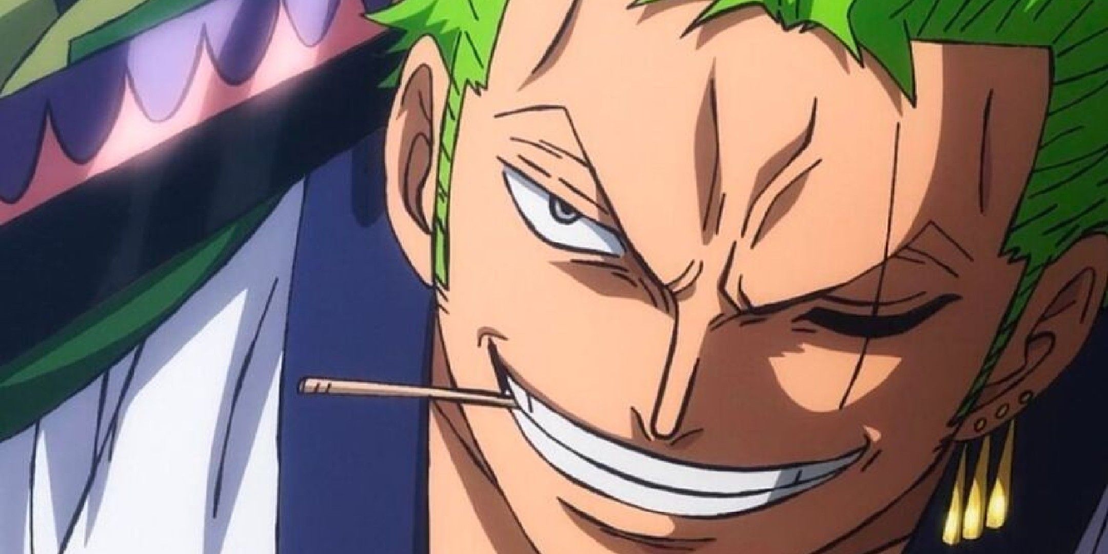 One Piece image showing the sowrdmaster zoro smirking with a straw in his mouth.