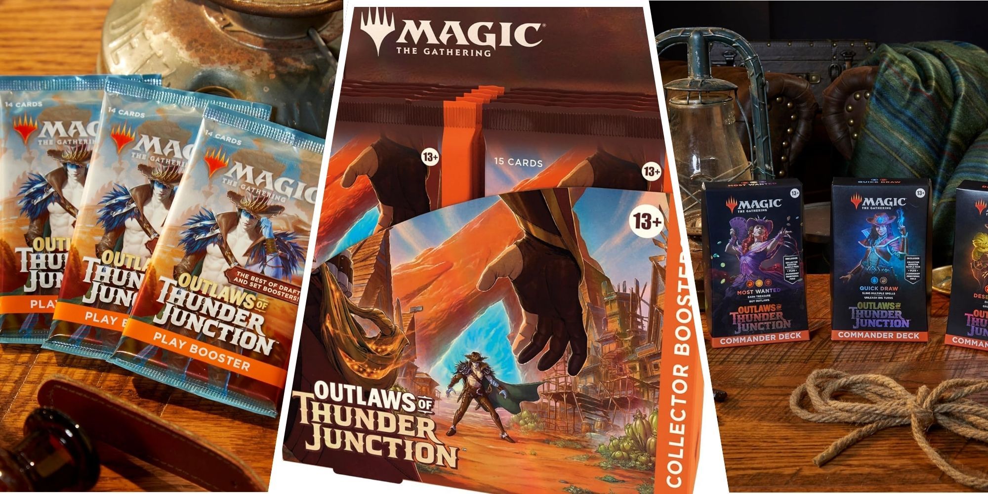 A tri-split image of Outlaws of Thunder Junction Play Boosters, a Collector Box, and Commander decks.