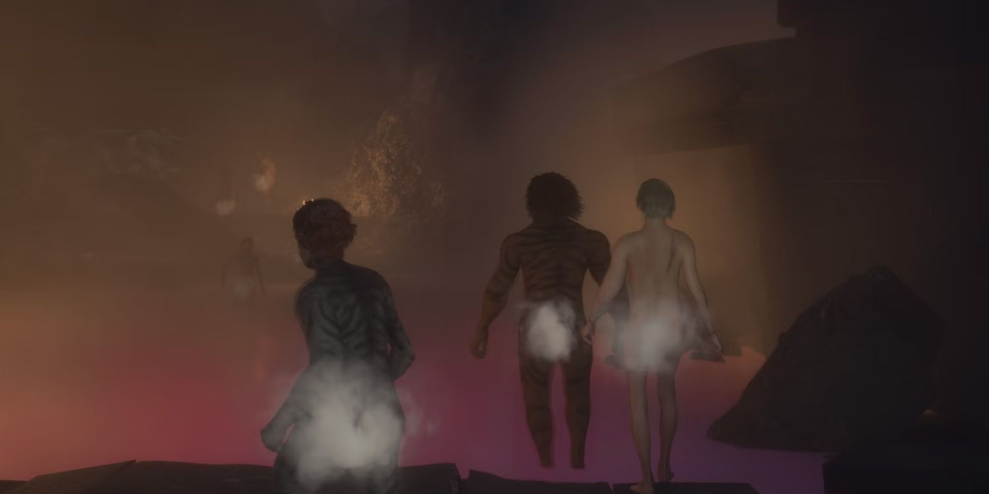Pawns and the Arisen entering the hot springs in Agamen Volcanic island to heal scars in Dragon's Dogma 2