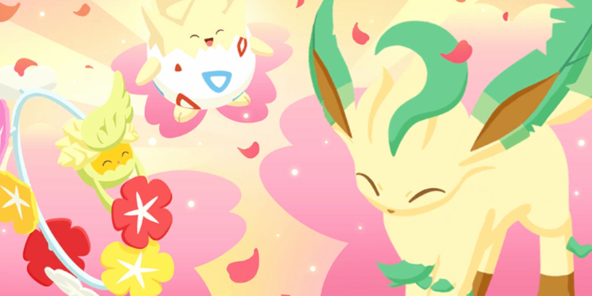 A screenshot of in-game artowrk featuring Togepi, Comfey, and Leafeon.