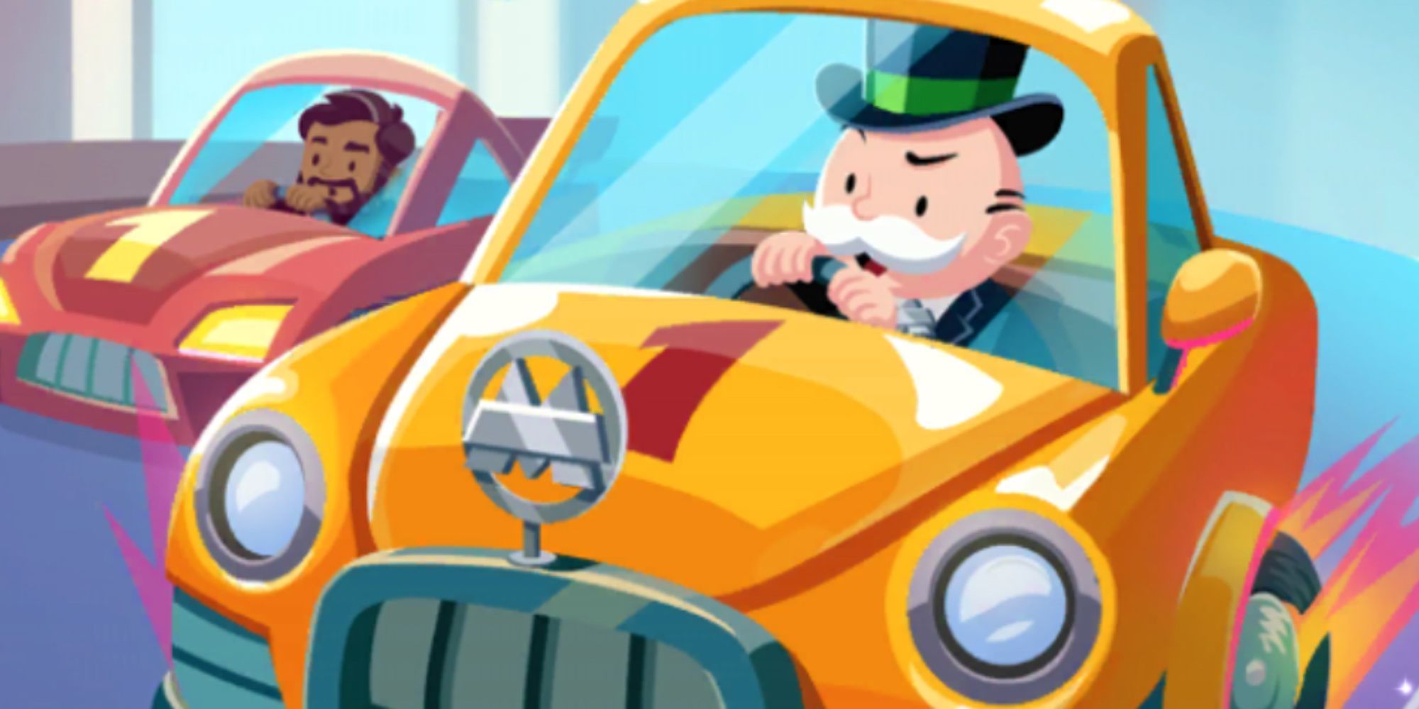 Mr. Monopoly and his friend driving cars in Monopoly Go. 