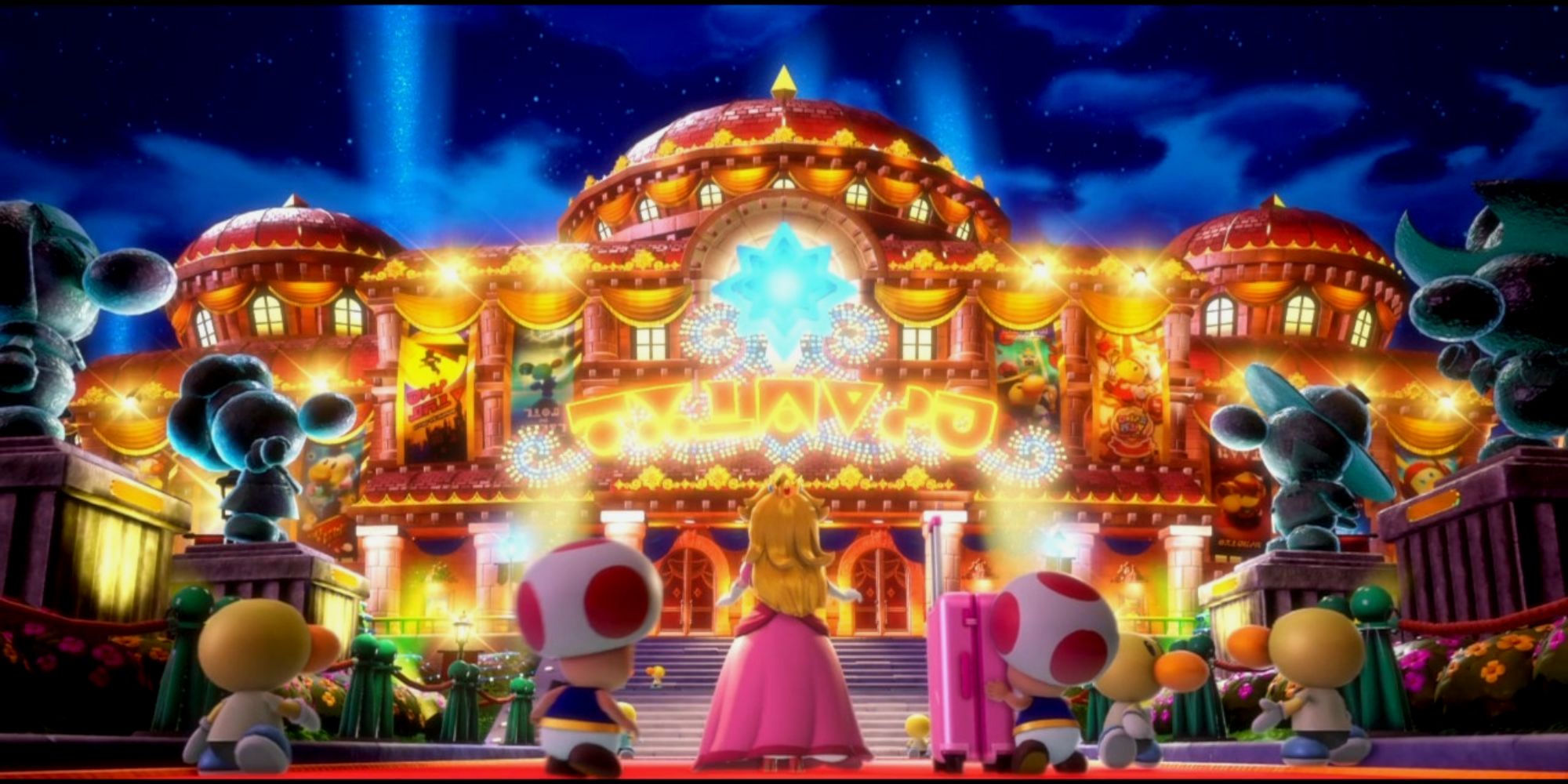 Princess Peach standing outside the Sparkle Theatre from Princess Peach Showtime!